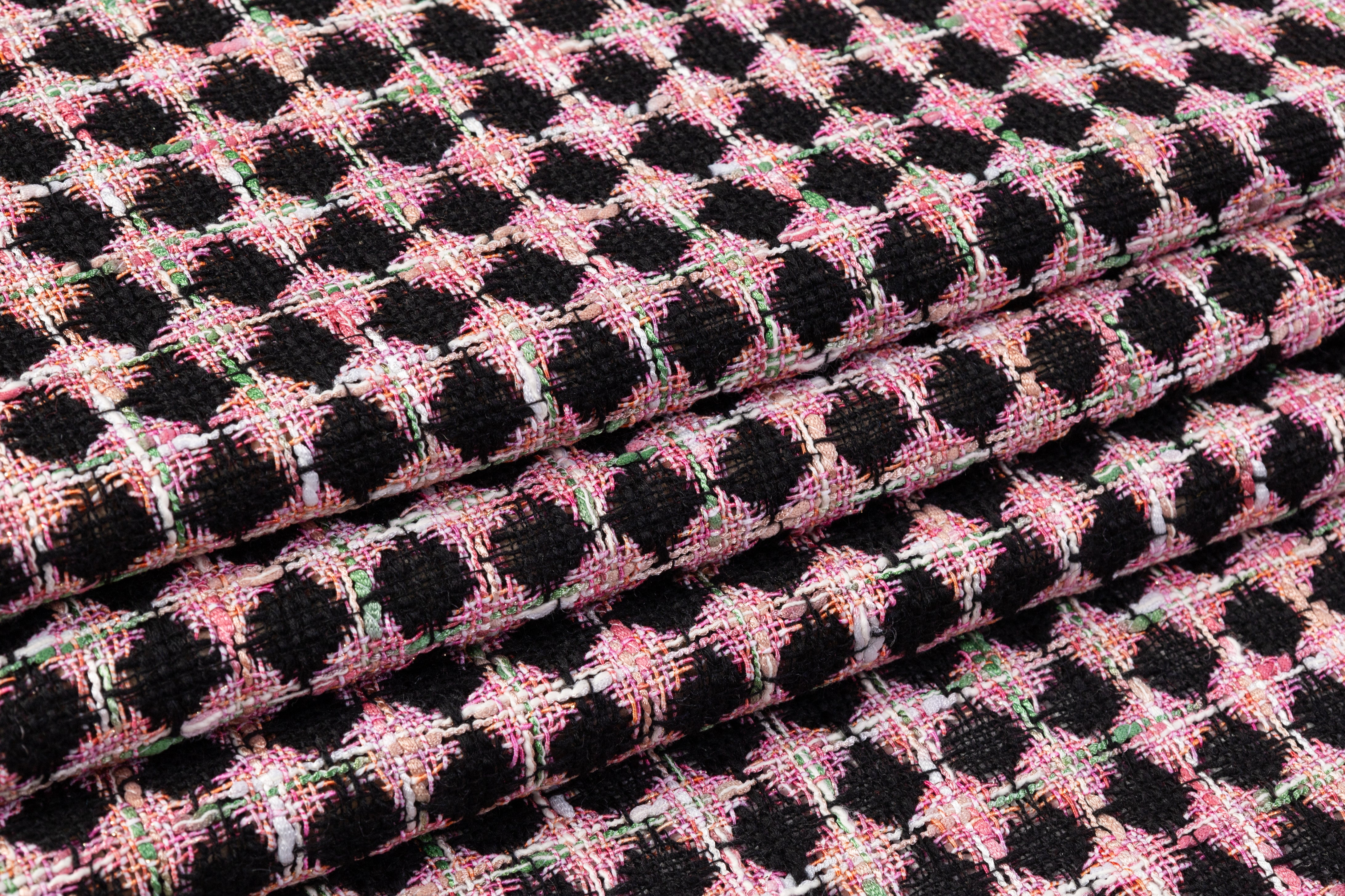 Geometric Checked Italian Cotton Blend Tweed - Pink / Black / Green