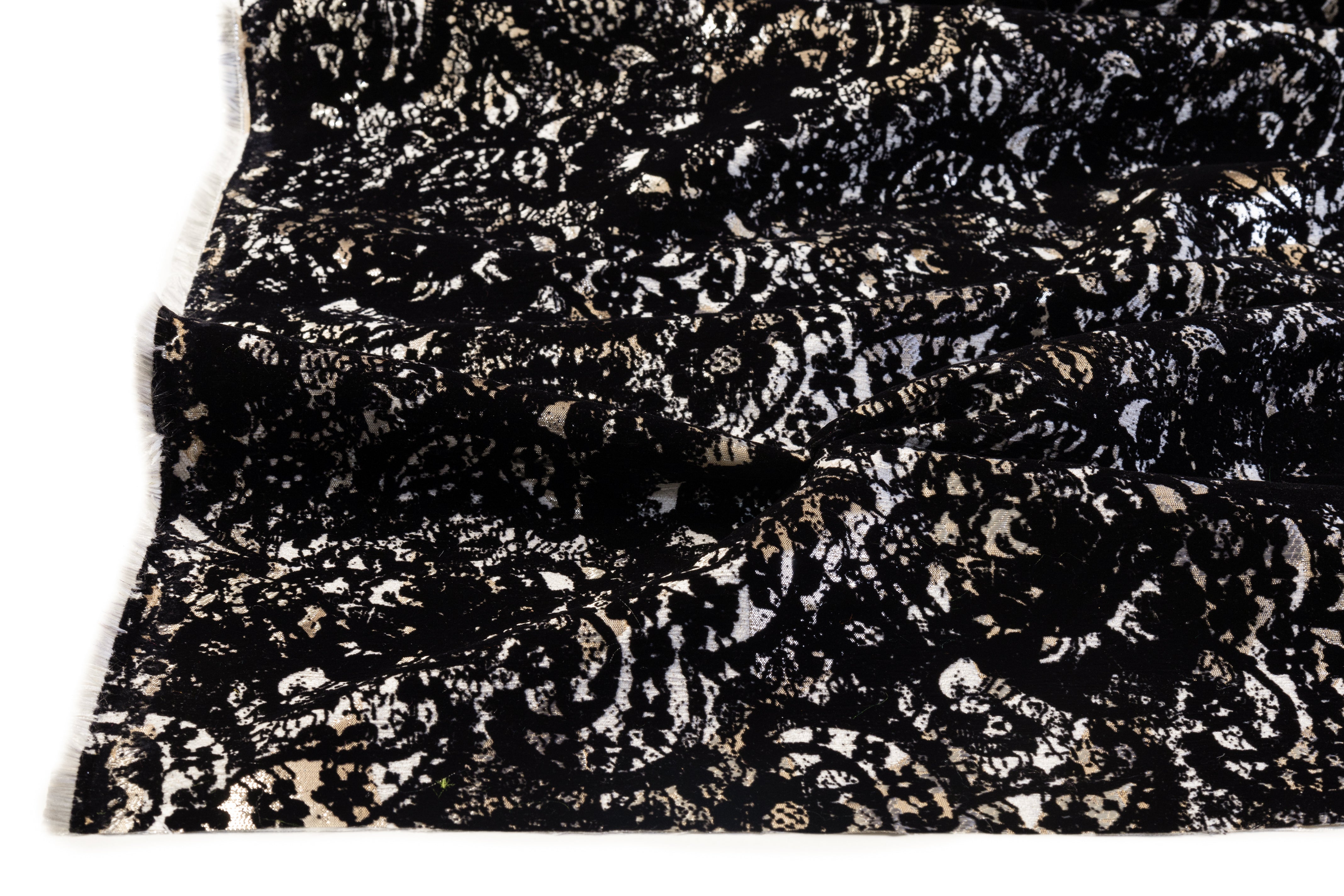 Flocked Italian Metallic Chenille Brocade - Black / Beige / Silver