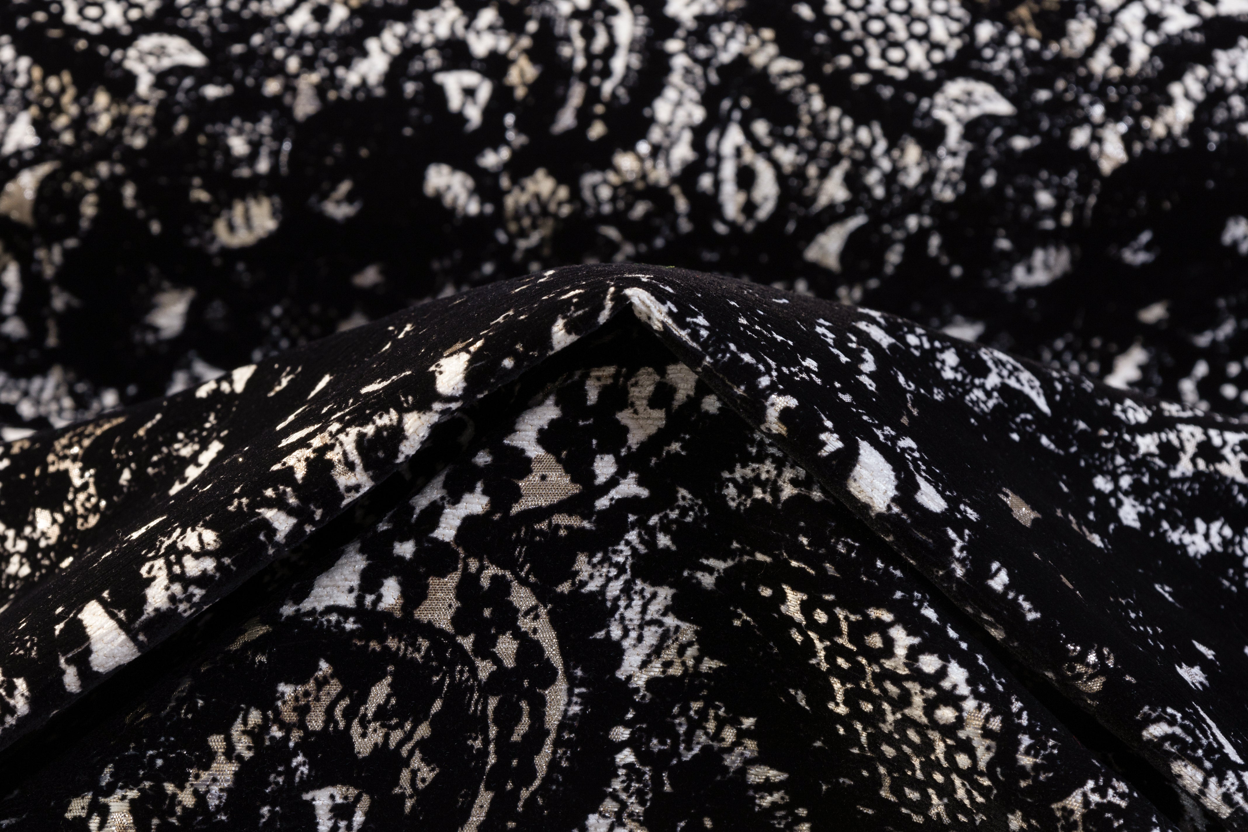 Flocked Italian Metallic Chenille Brocade - Black / Beige / Silver