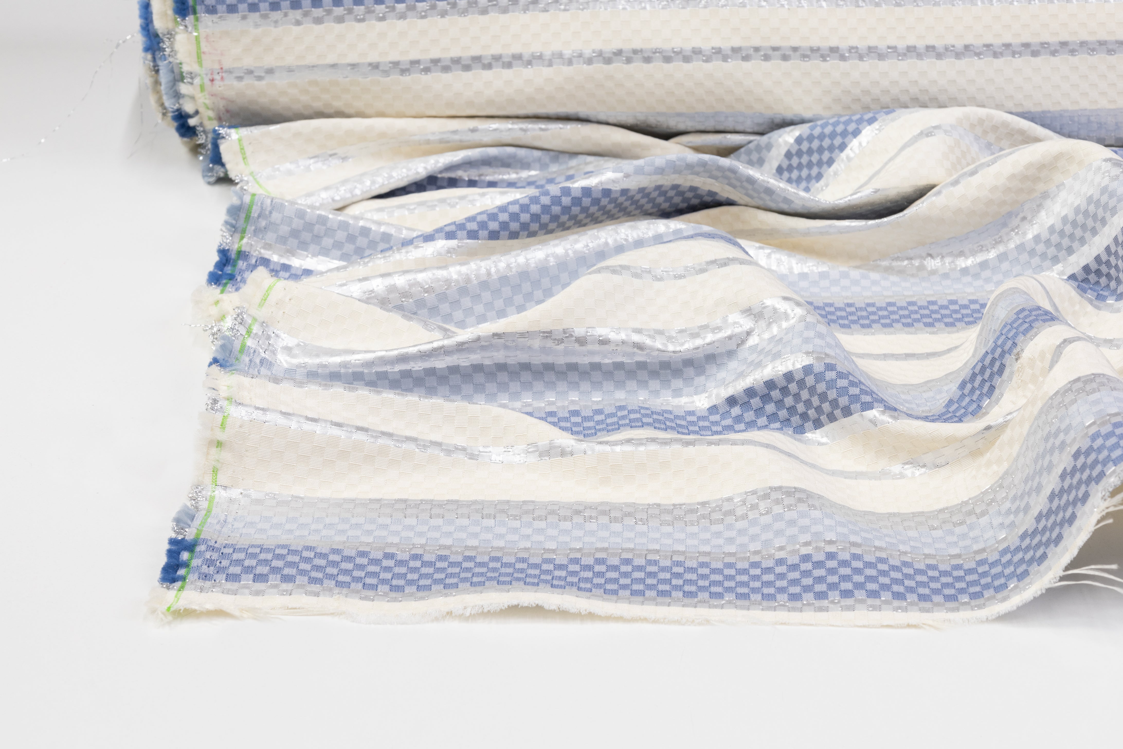 Checked Metallic Italian Brocade - Ivory / Silver / Blue