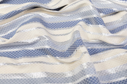 Checked Metallic Italian Brocade - Ivory / Silver / Blue