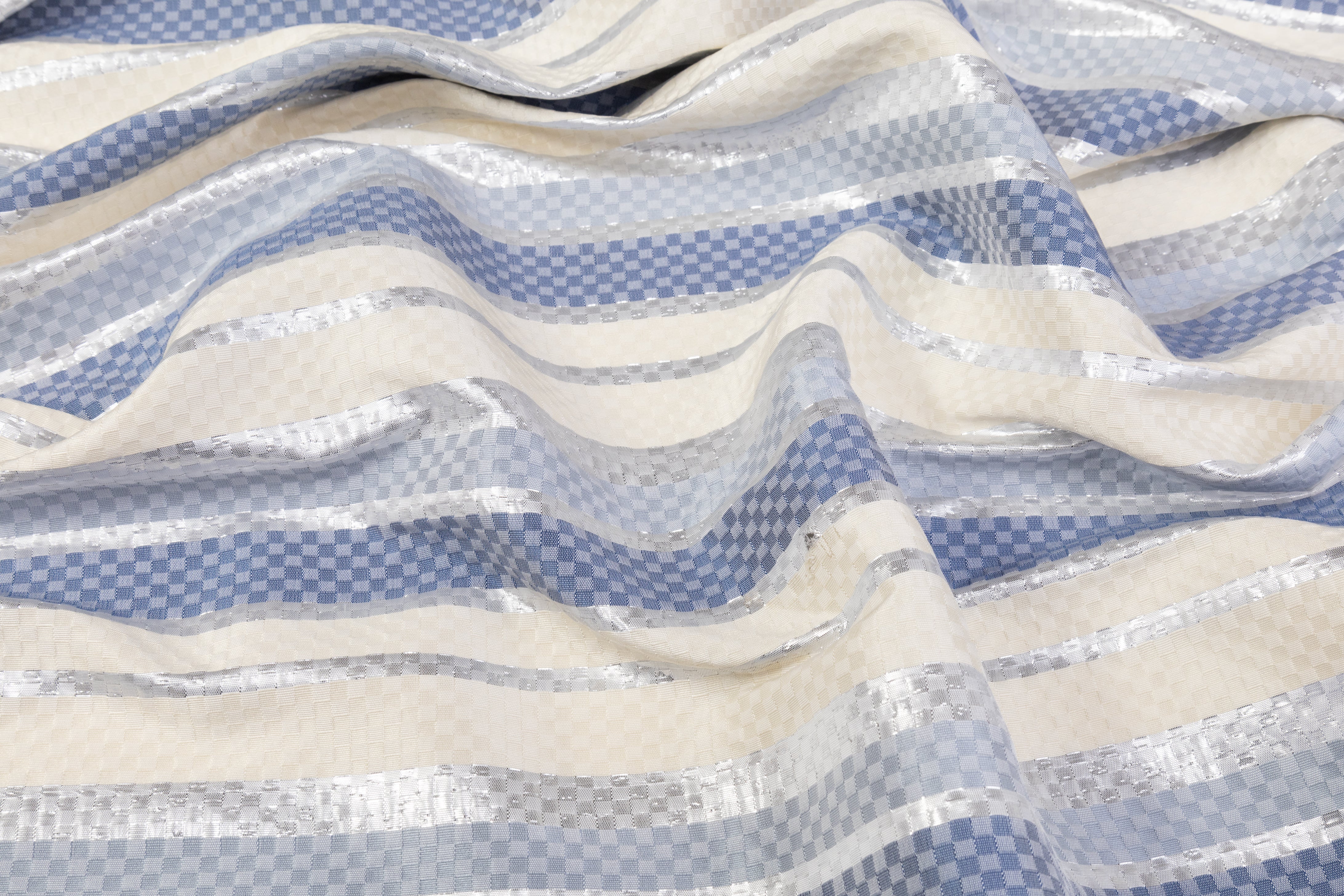 Checked Metallic Italian Brocade - Ivory / Silver / Blue