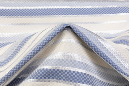 Checked Metallic Italian Brocade - Ivory / Silver / Blue