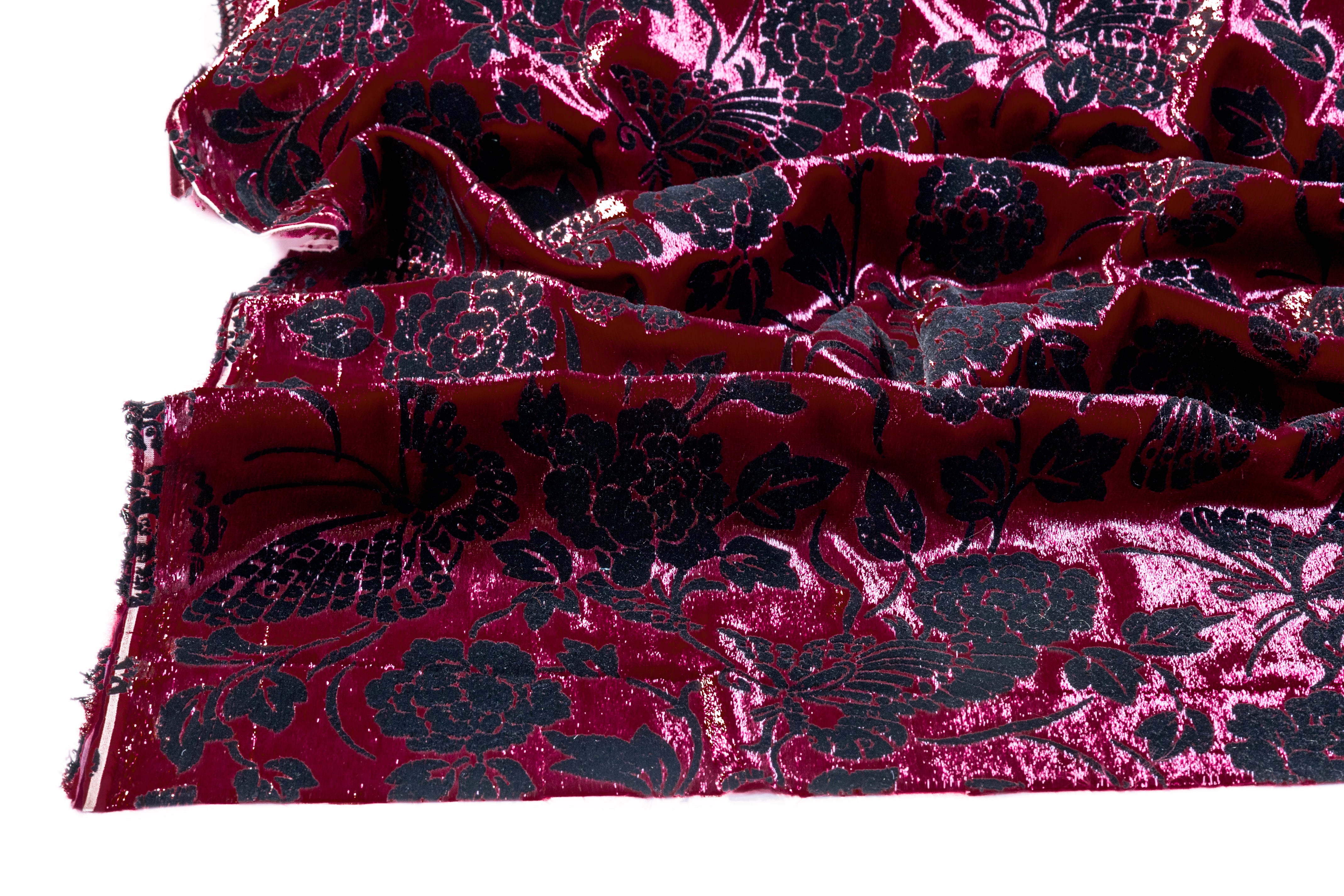 Floral Flocked Metallic Italian Velvet - Red / Black