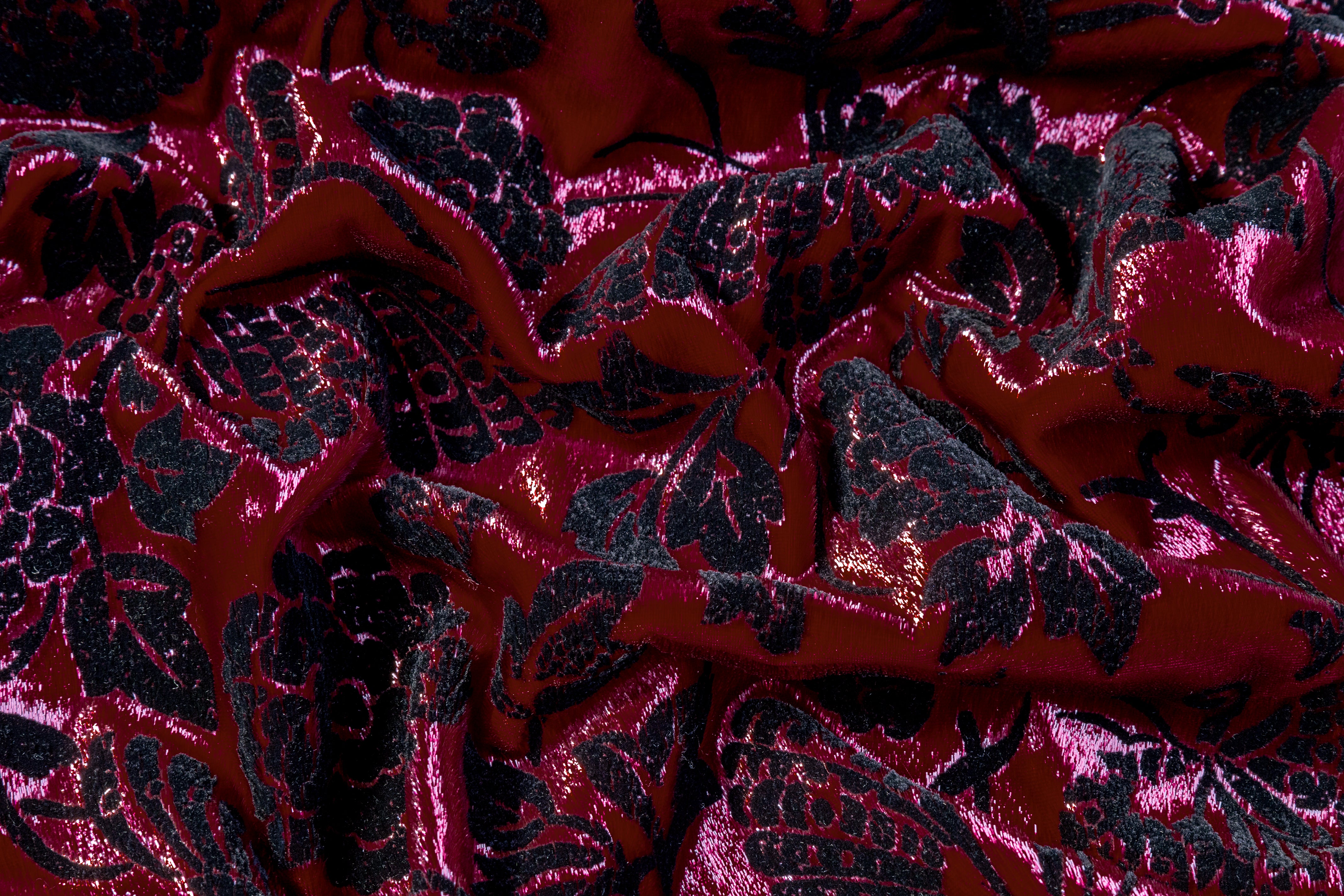 Floral Flocked Metallic Italian Velvet - Red / Black