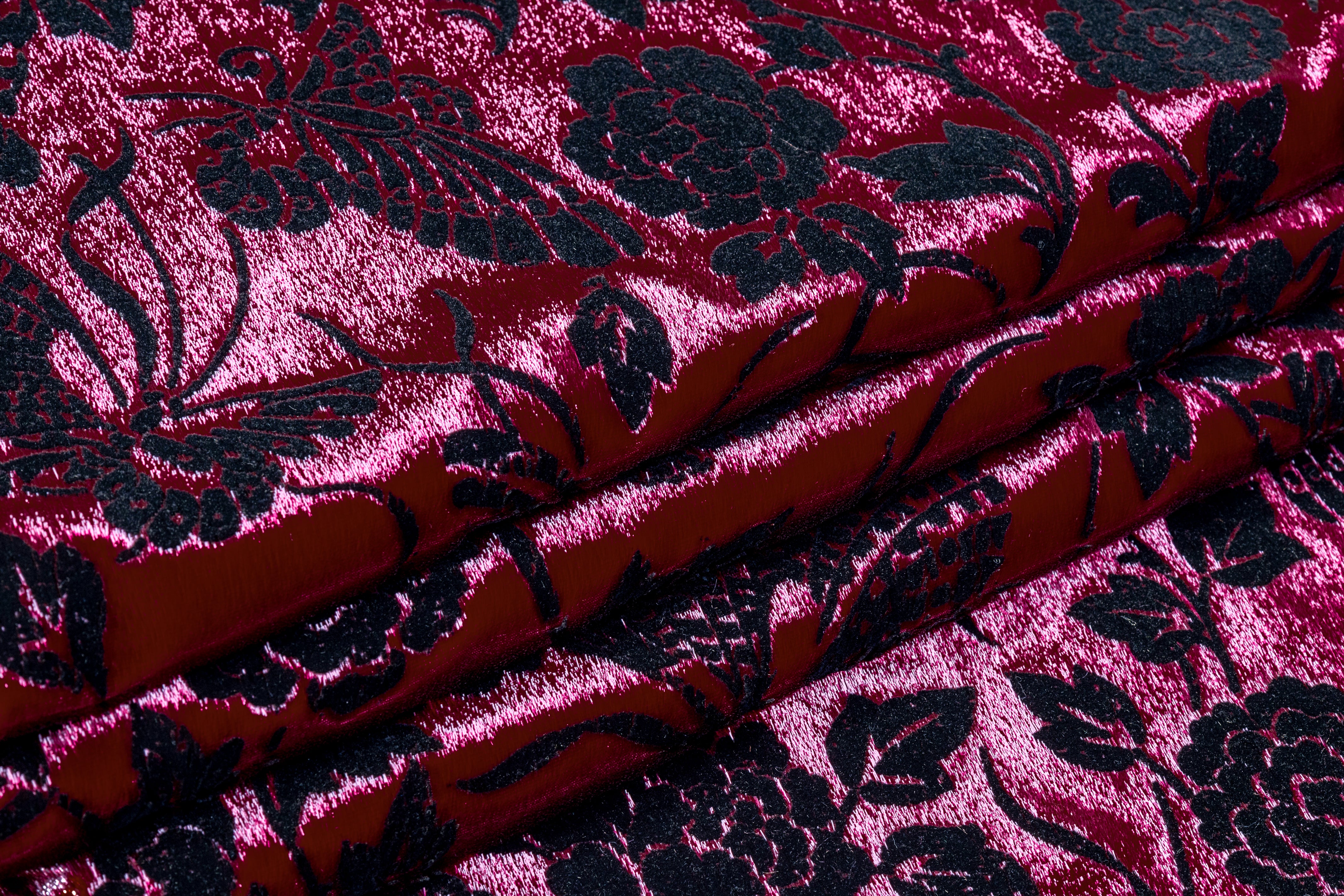 Floral Flocked Metallic Italian Velvet - Red / Black