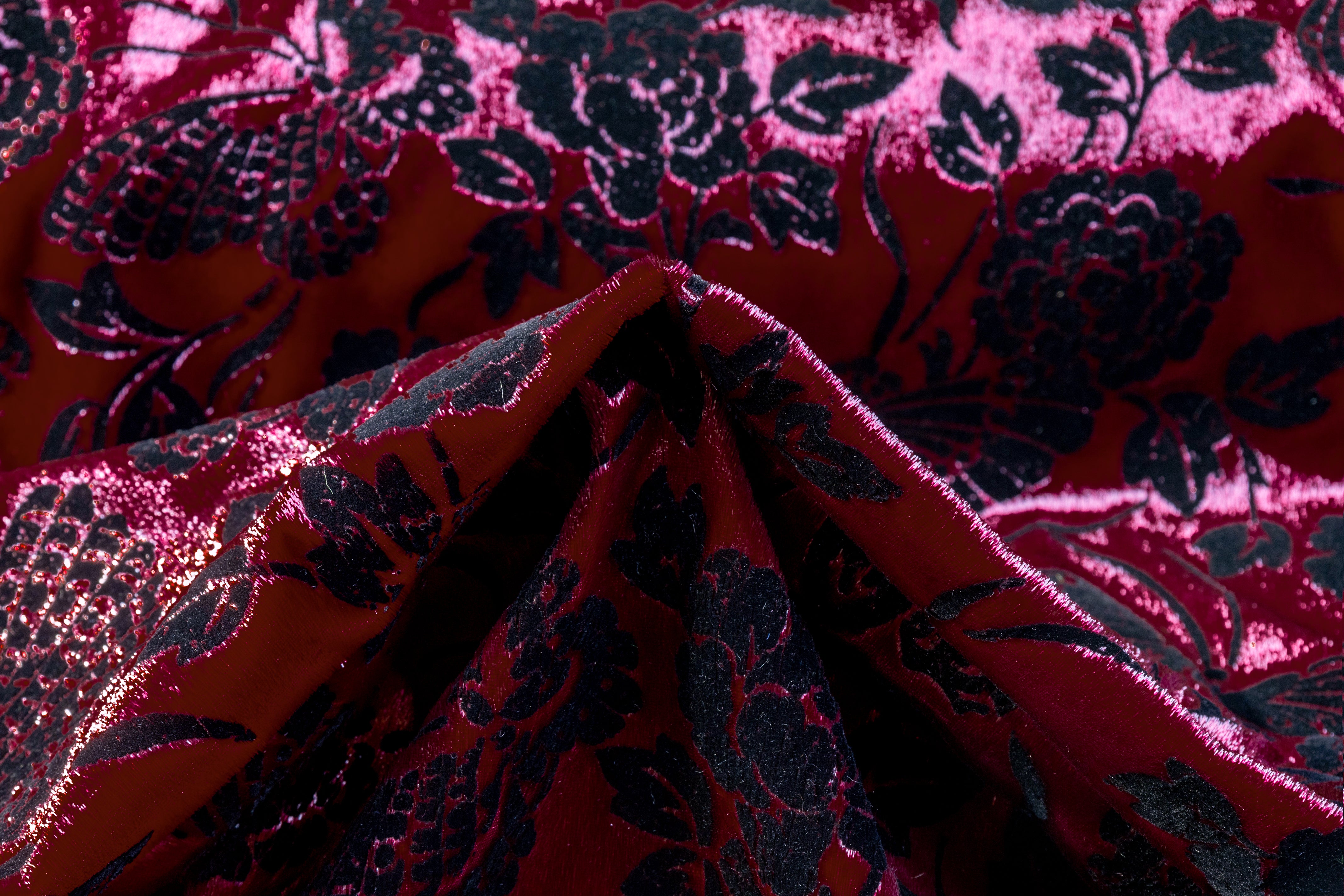 Floral Flocked Metallic Italian Velvet - Red / Black