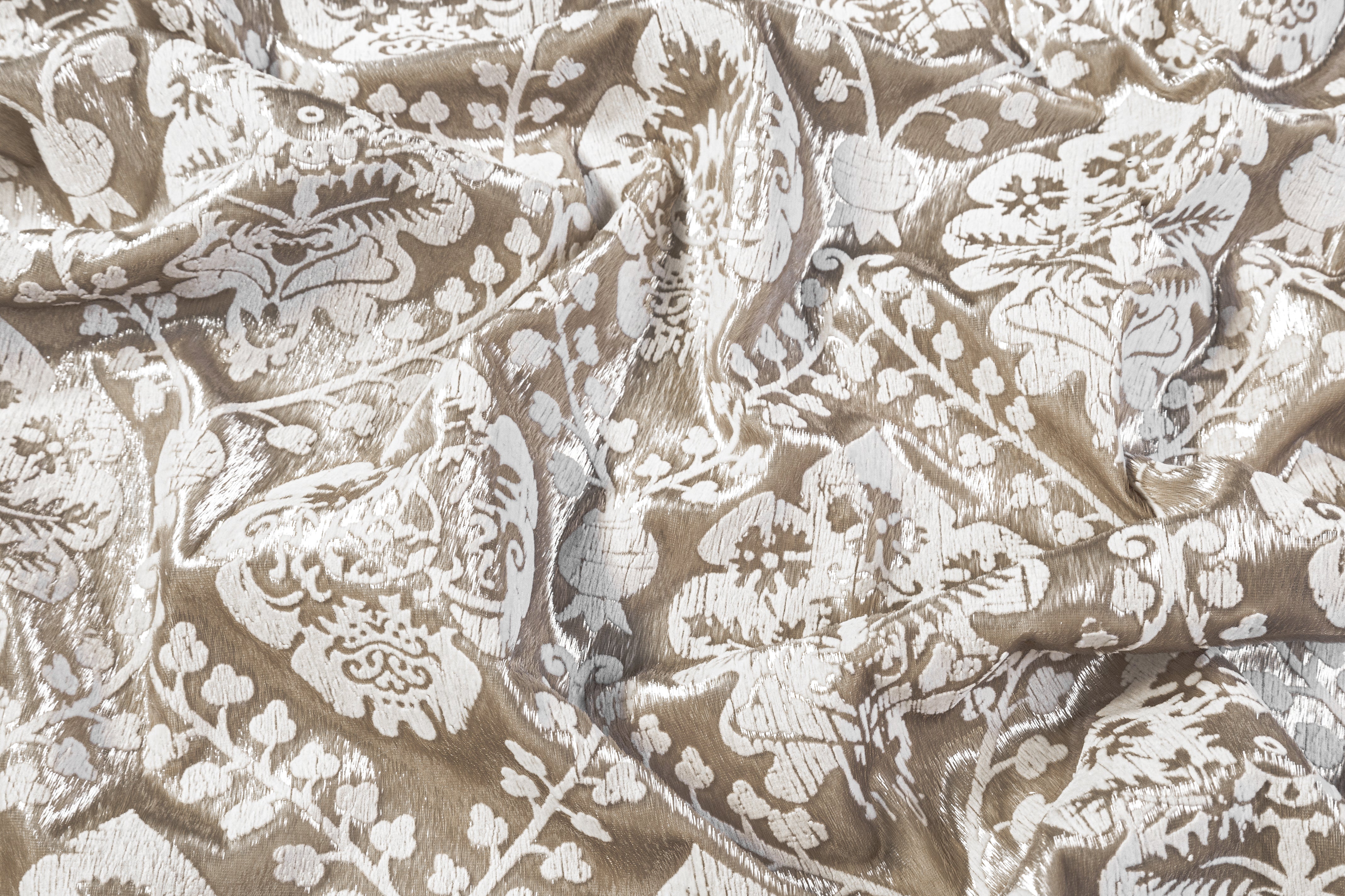Damask Flocked Metallic Italian Velvet - Taupe / White