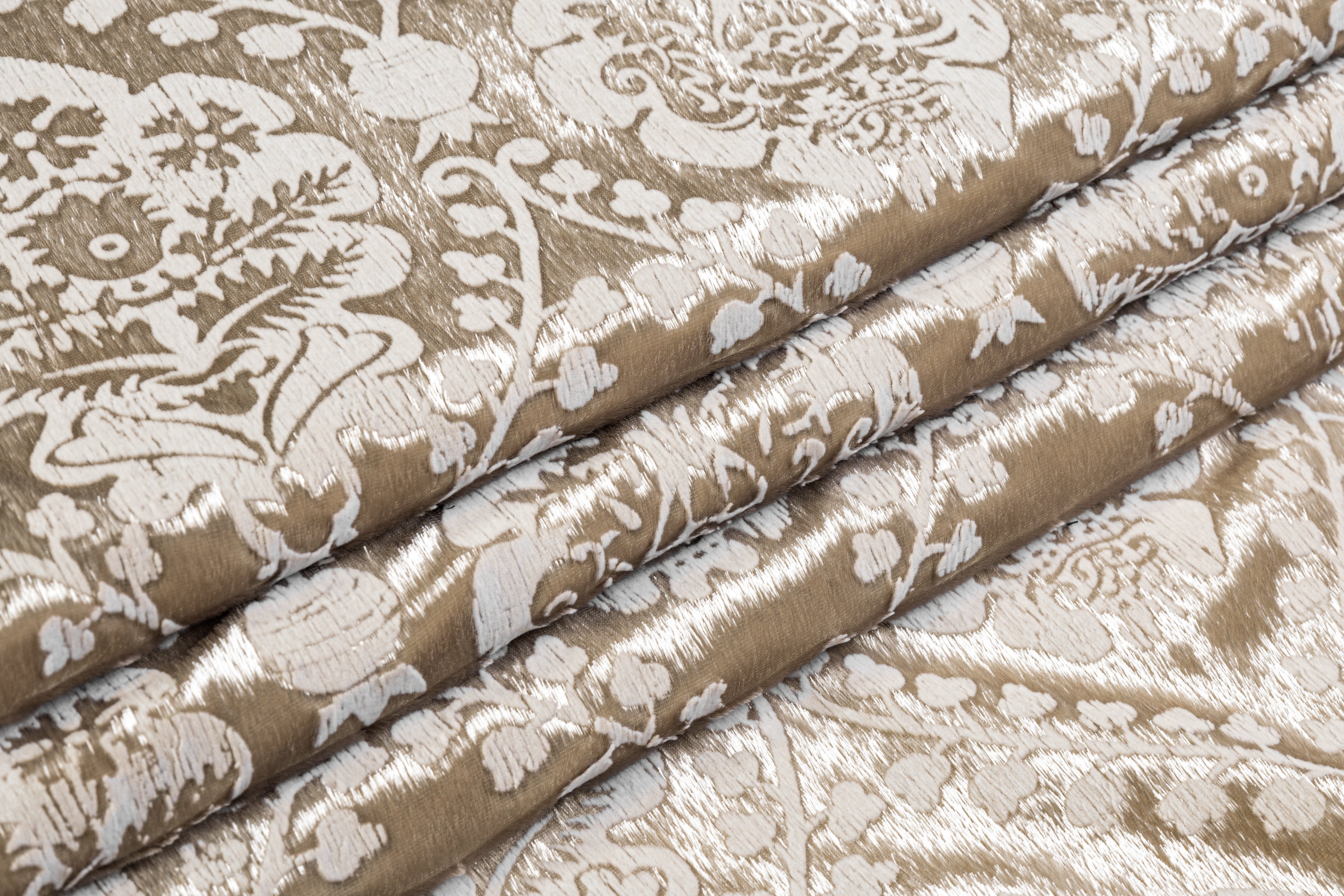 Damask Flocked Metallic Italian Velvet - Taupe / White