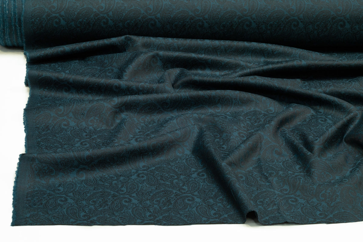 Paisley Italian Silk and Wool Jacquard Suiting - Teal Blue