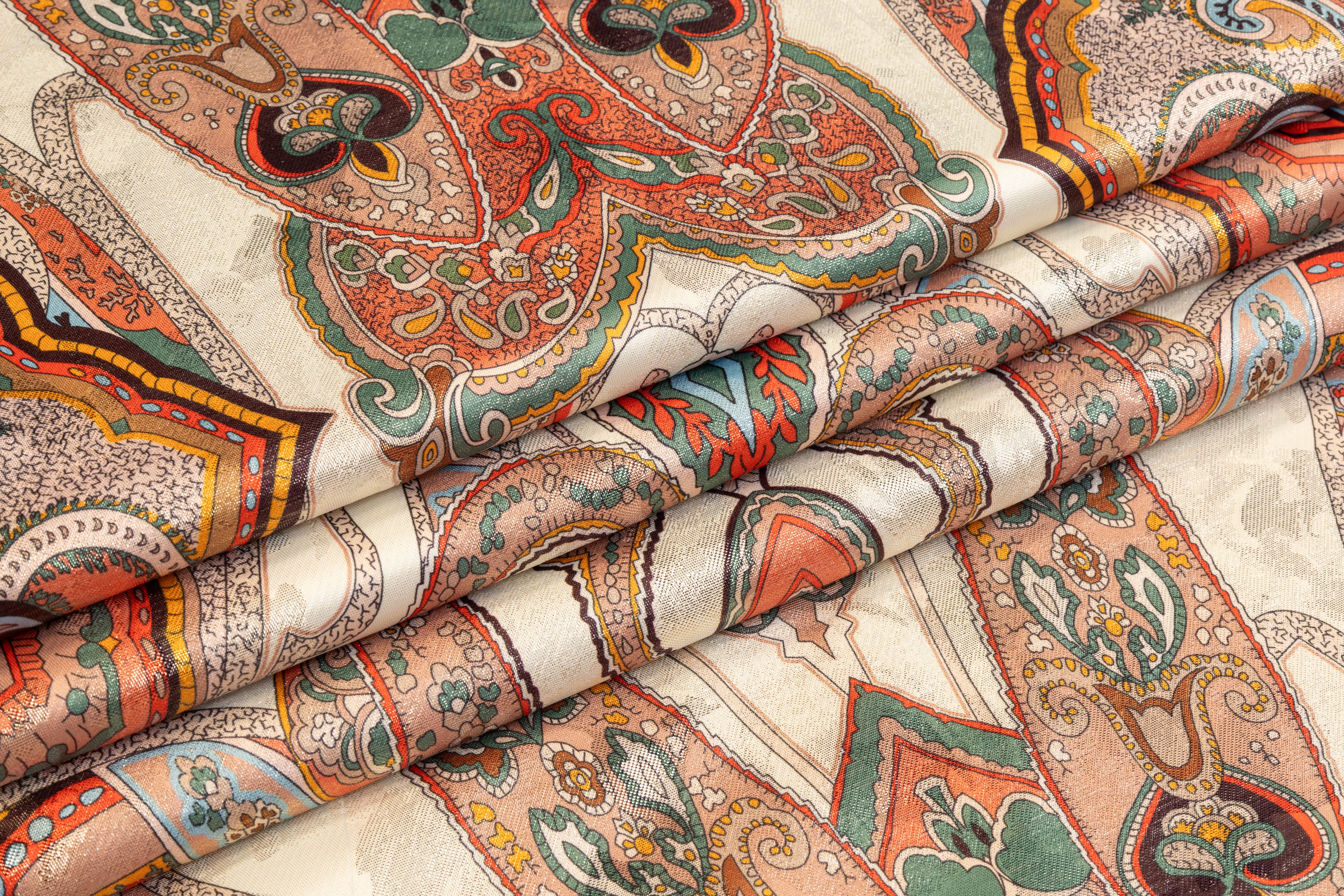Printed Italian Metallic Jacquard - Gold / Green / Coral