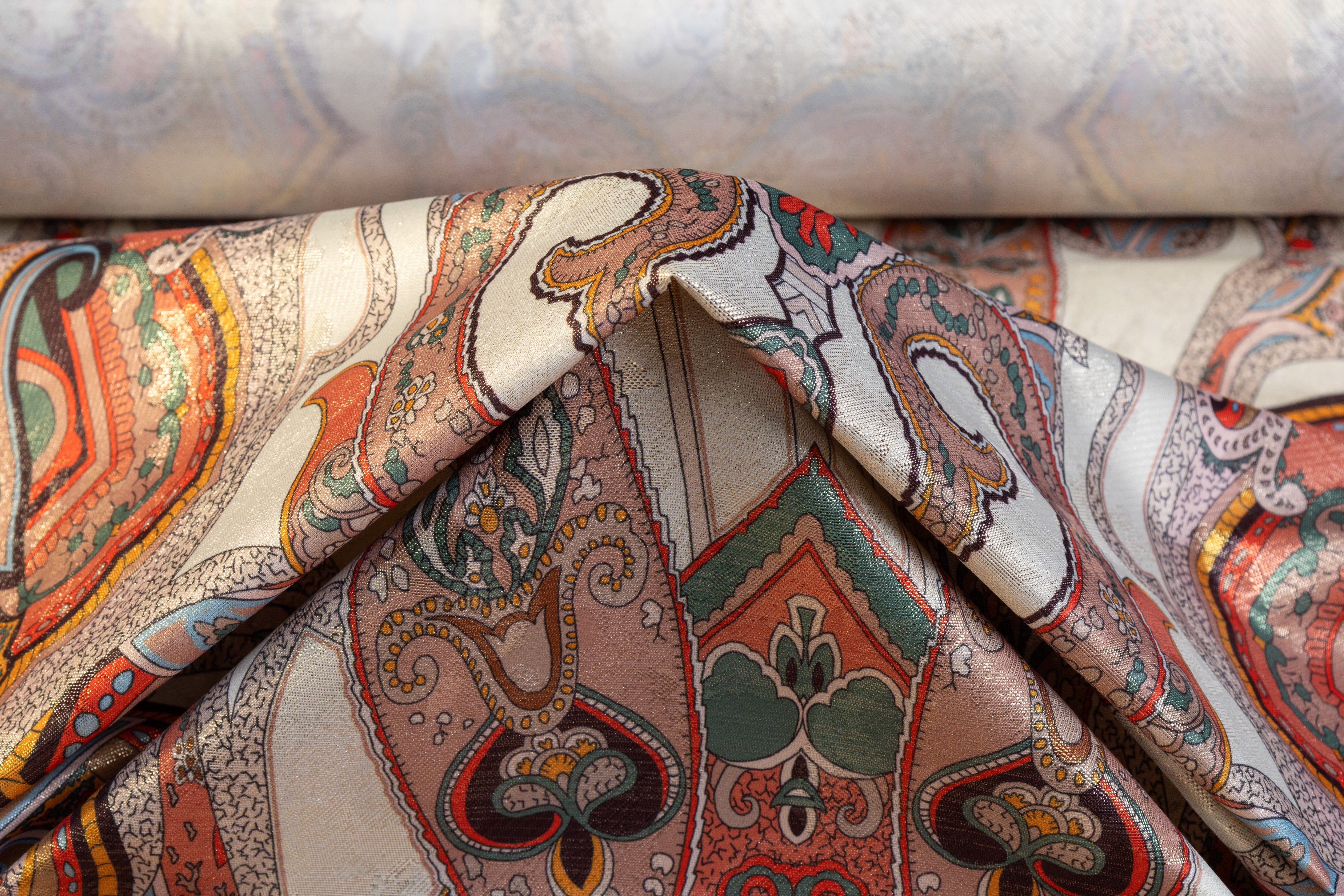 Printed Italian Metallic Jacquard - Gold / Green / Coral