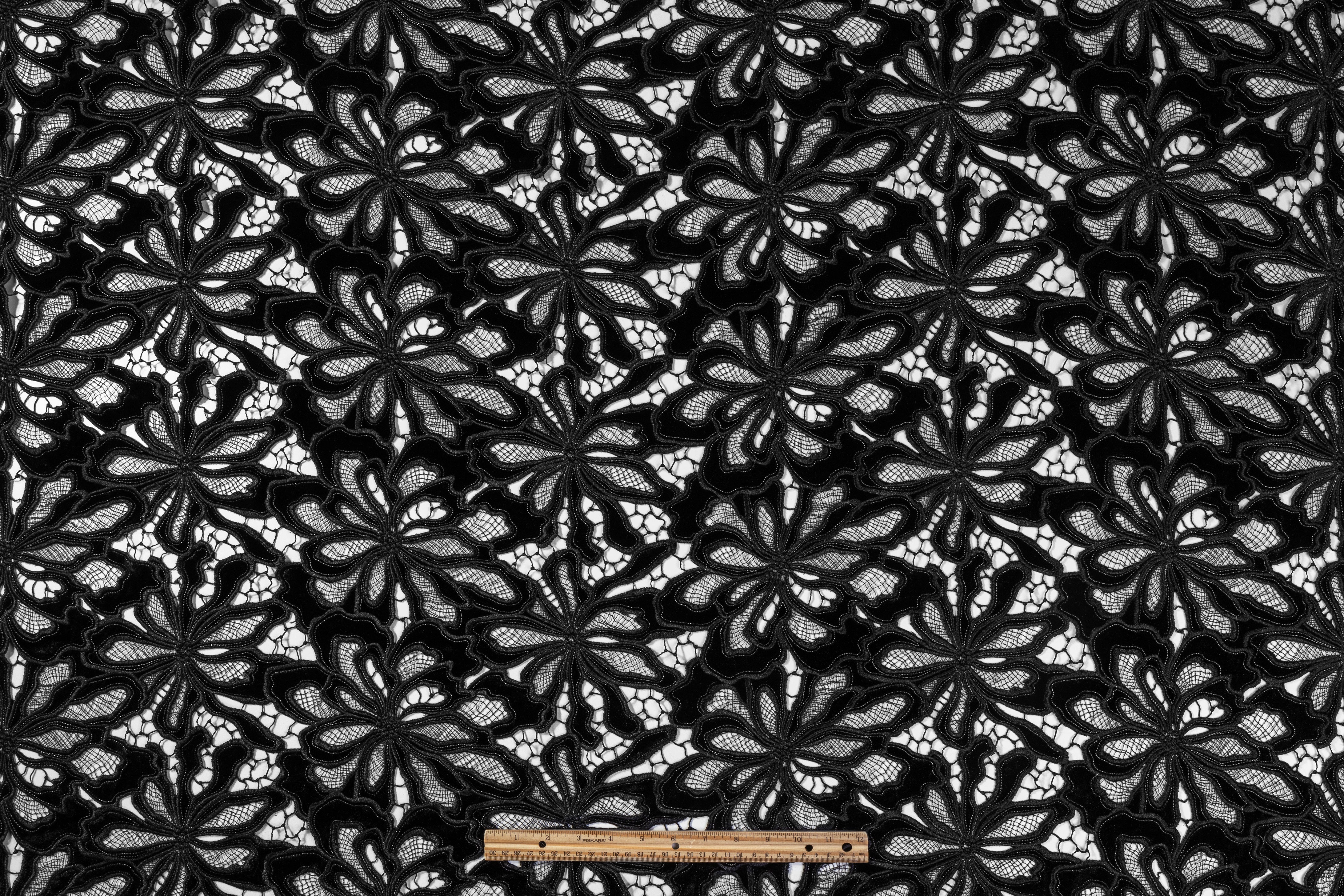 Floral Italian Stretch Velvet Guipure Lace - Black