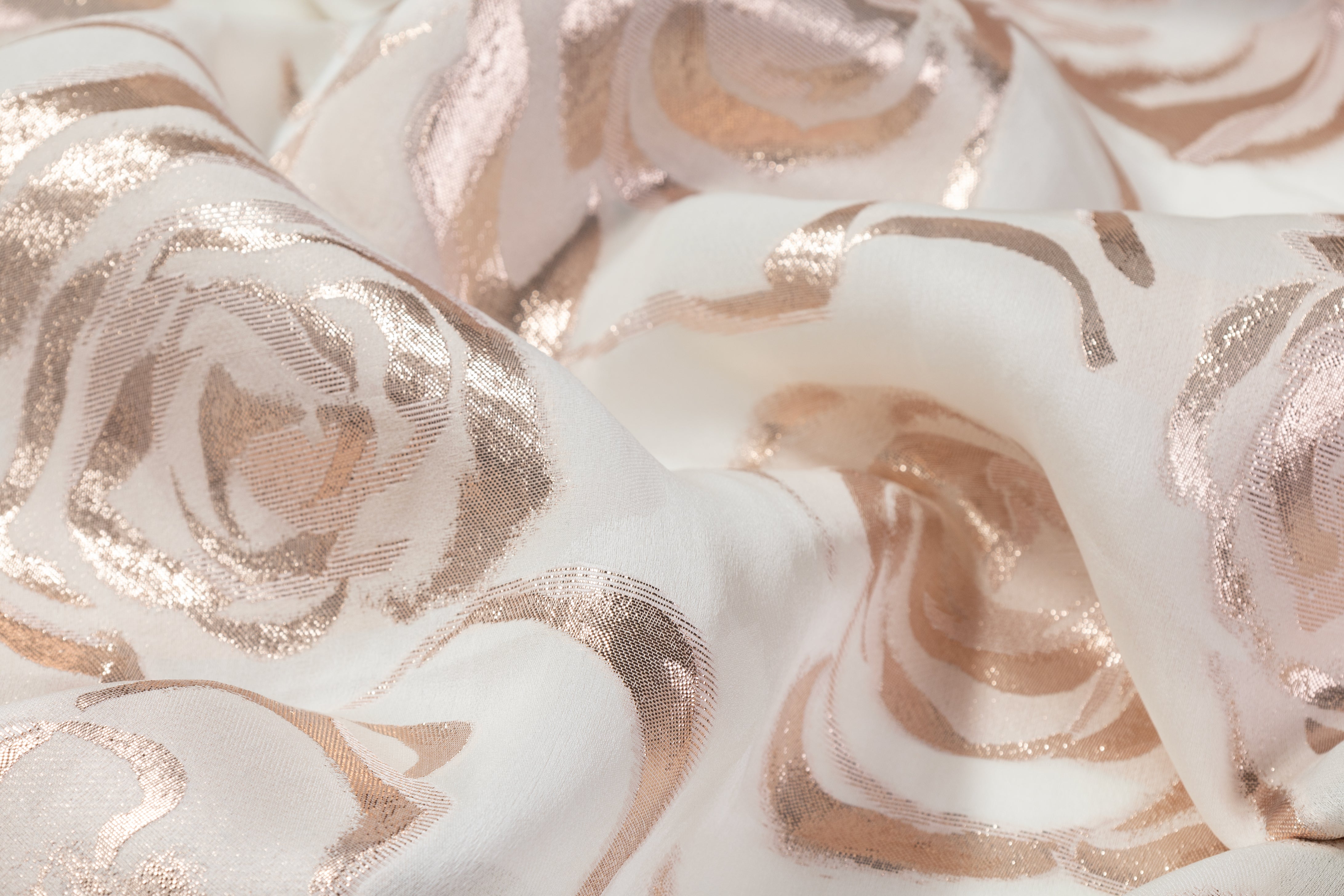 Floral Italian Metallic Silk Organza Fil Coupé - Rose Gold / Off White