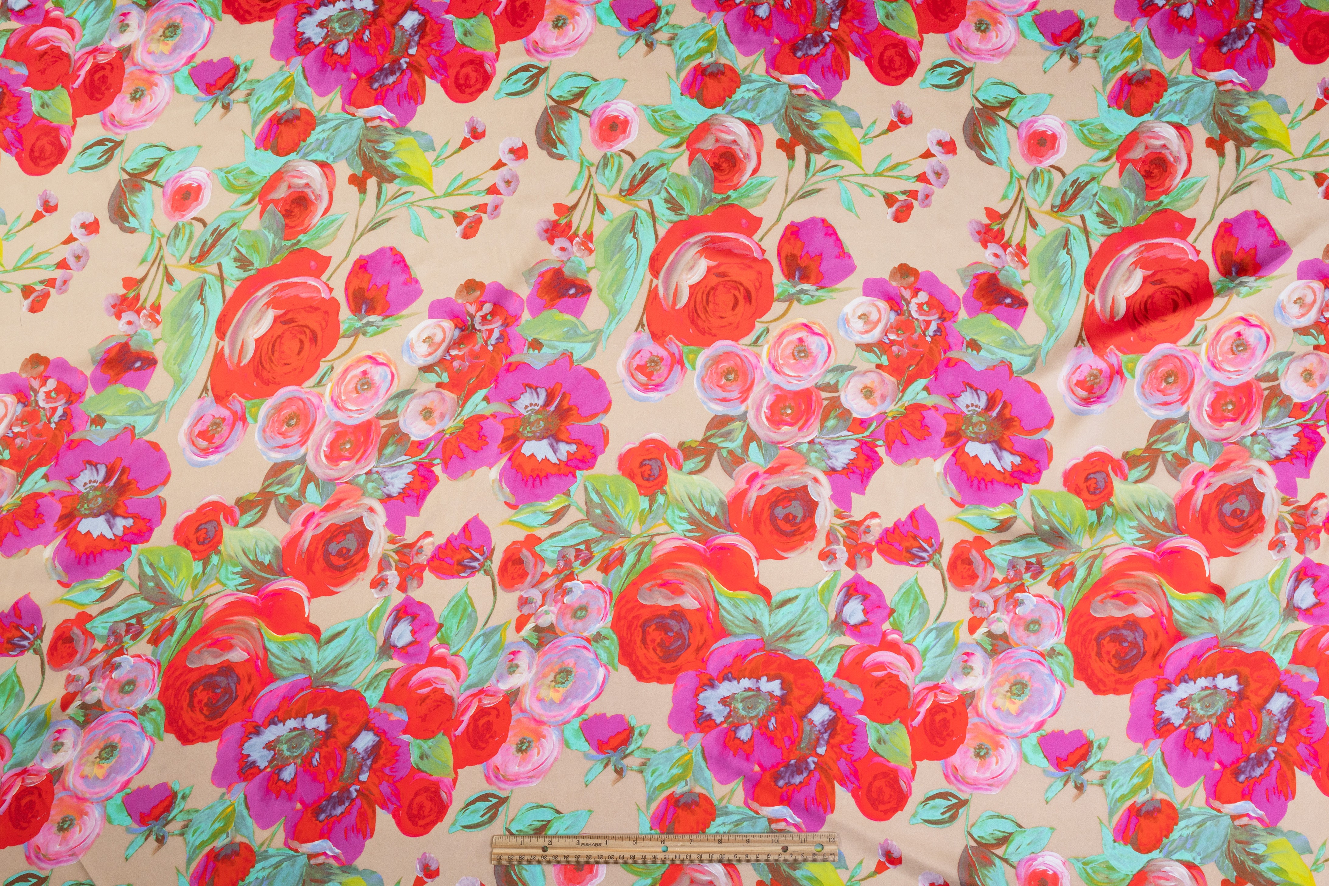 Rose Floral Italian Silk Charmeuse - Beige / Red / Fuchsia