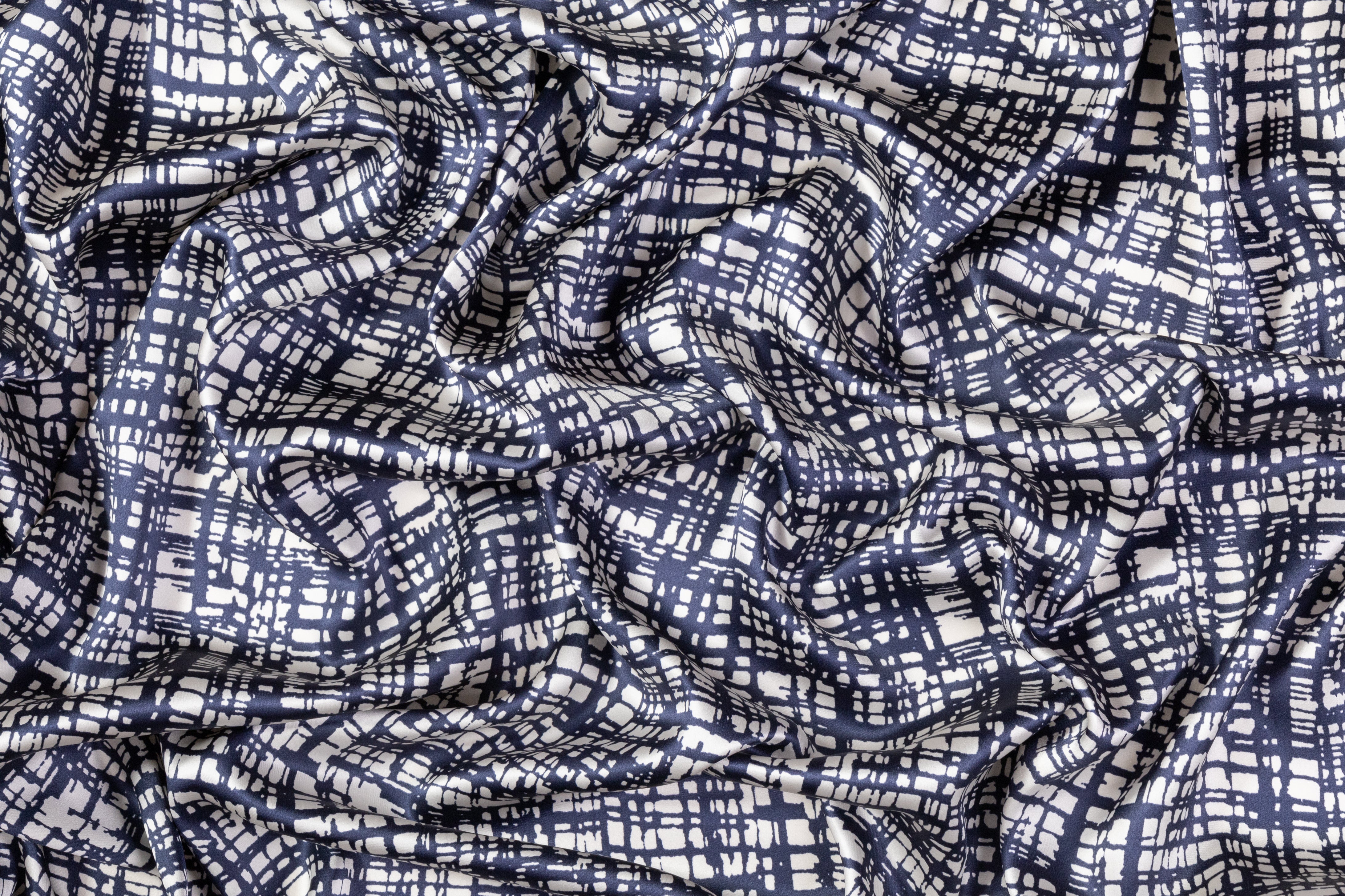 Printed Silk Charmeuse - Blue / Off White
