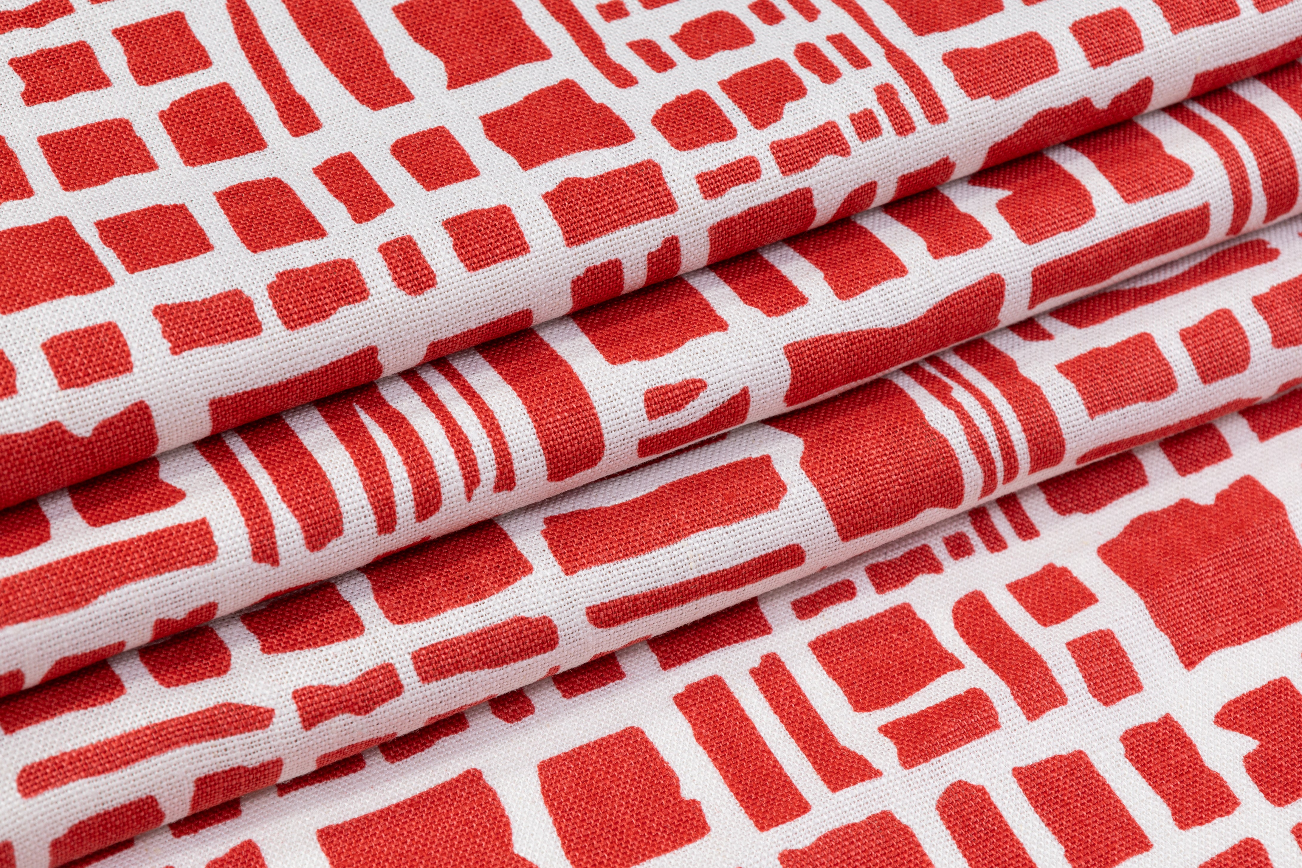 Abstract Grid Printed Linen - Red / White