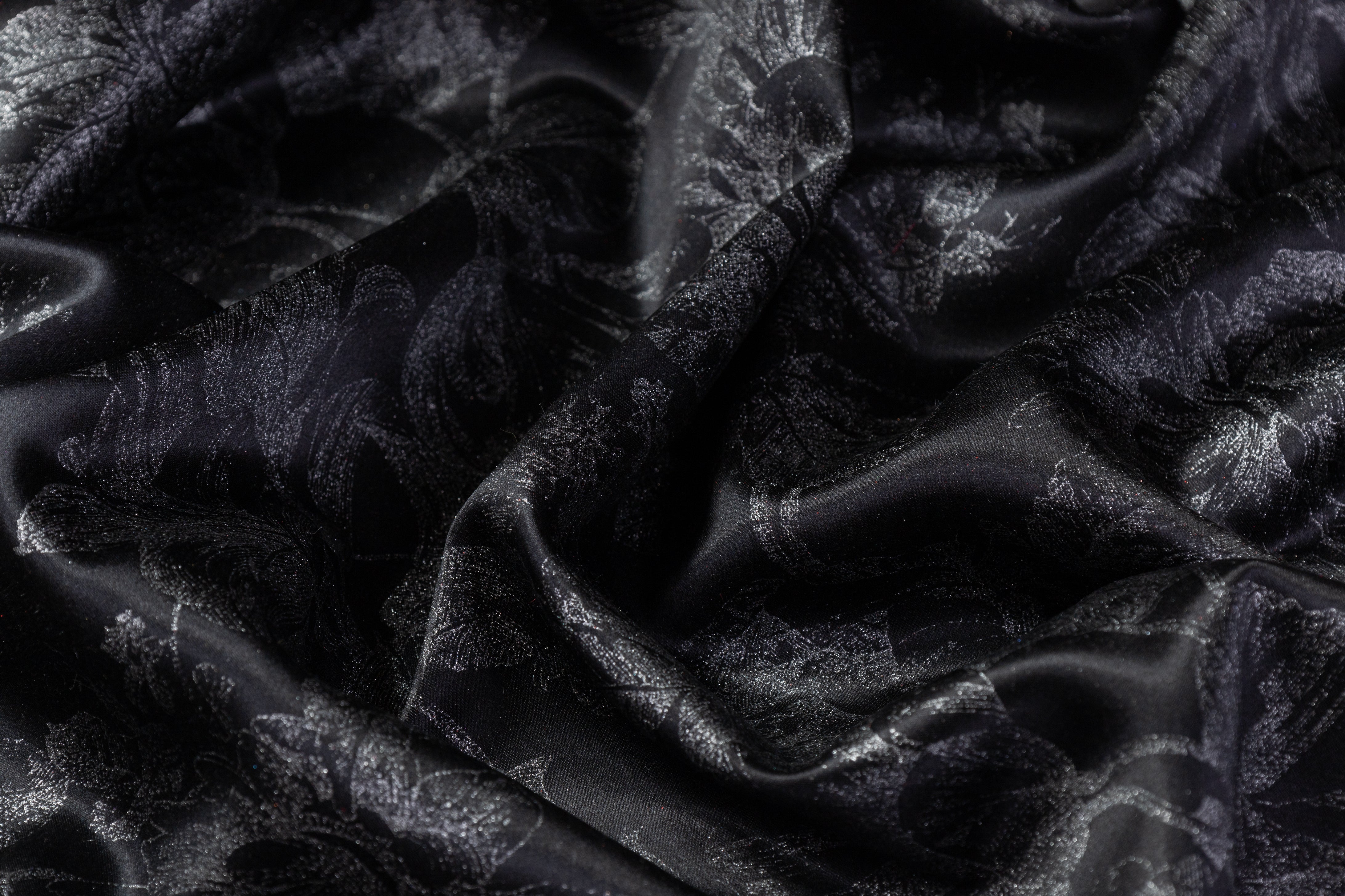 Floral Laminated Italian Silk Charmeuse - Black / Silver