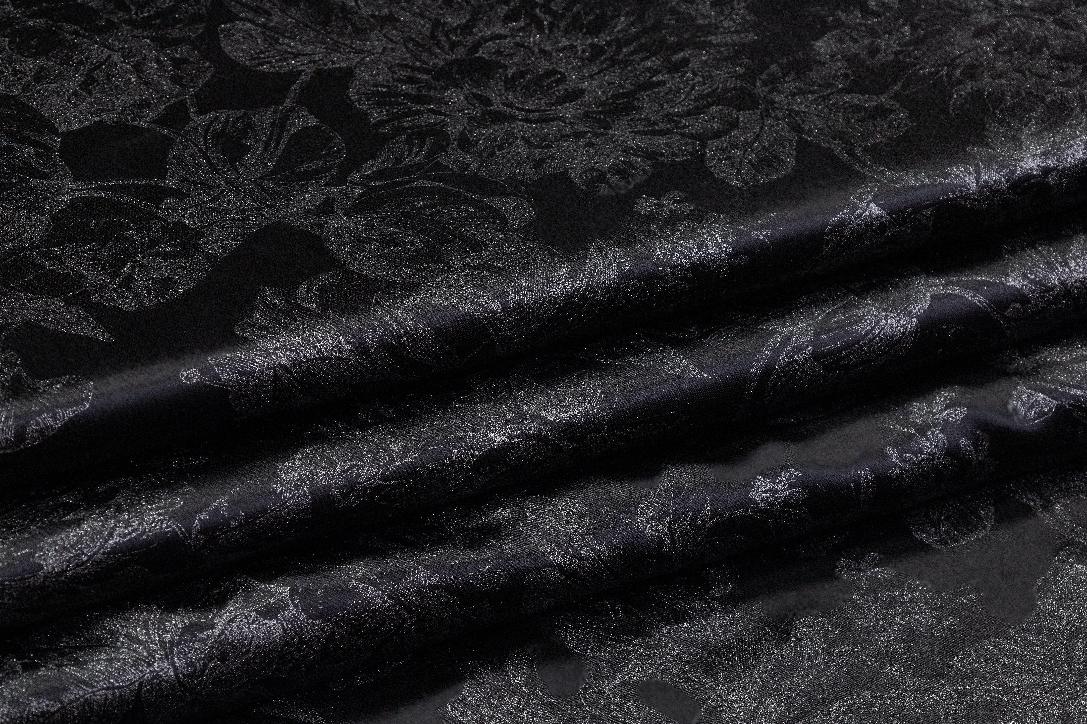 Floral Laminated Italian Silk Charmeuse - Black / Silver