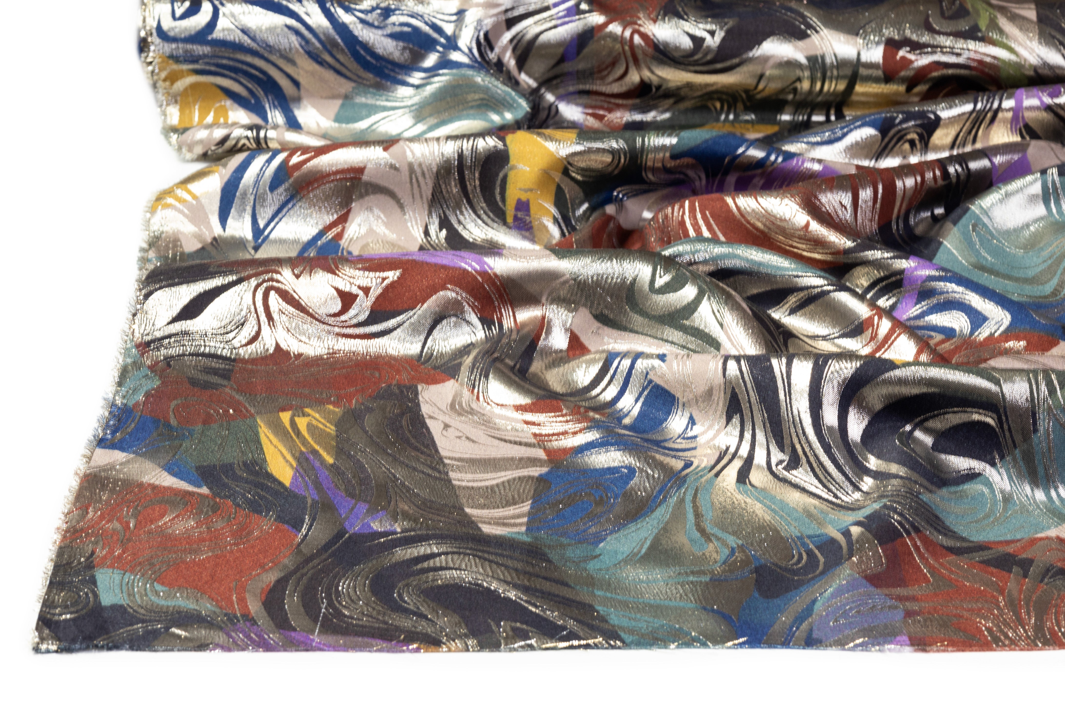 Abstract Printed Italian Metallic Silk Jacquard - Multicolor