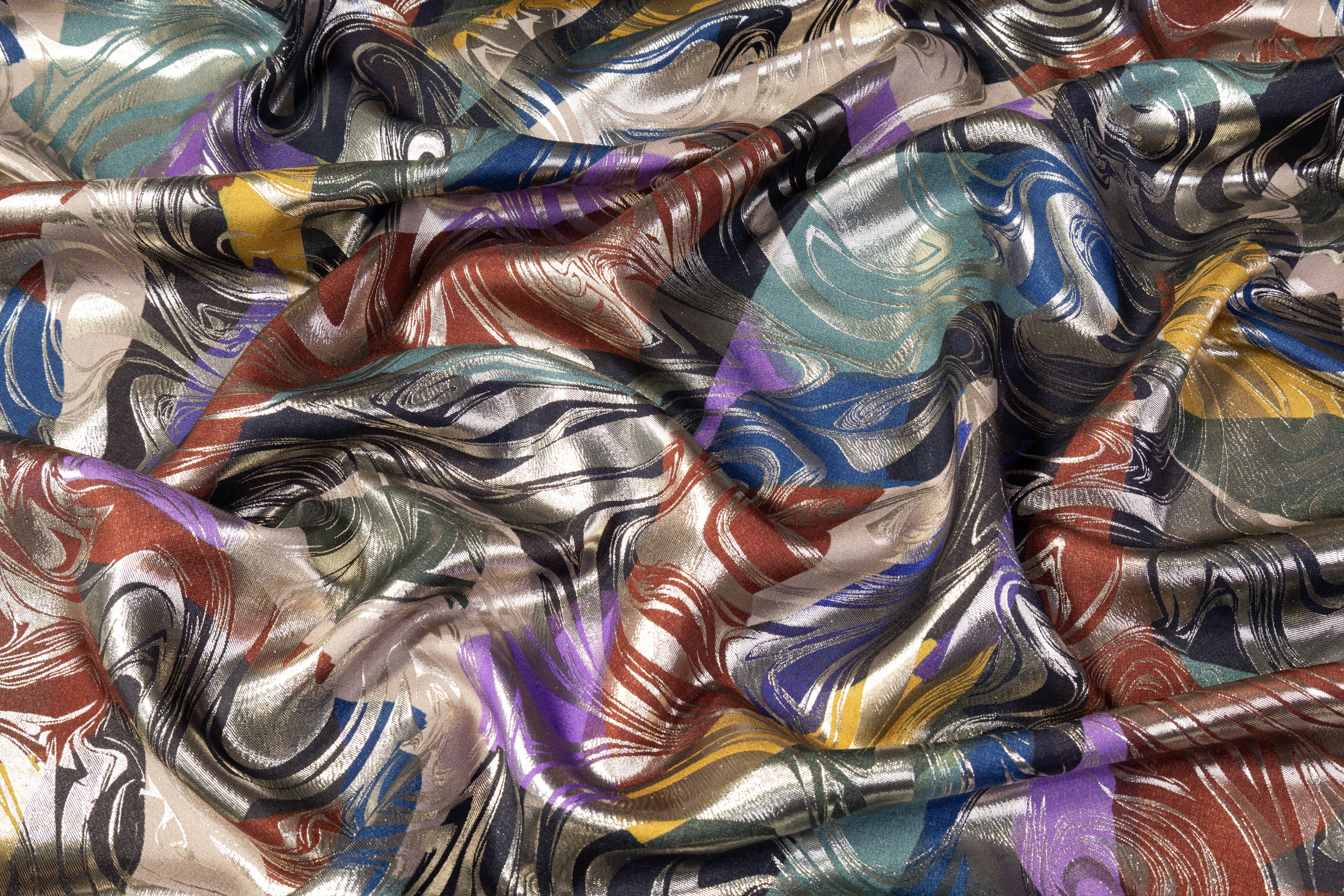 Abstract Printed Italian Metallic Silk Jacquard - Multicolor