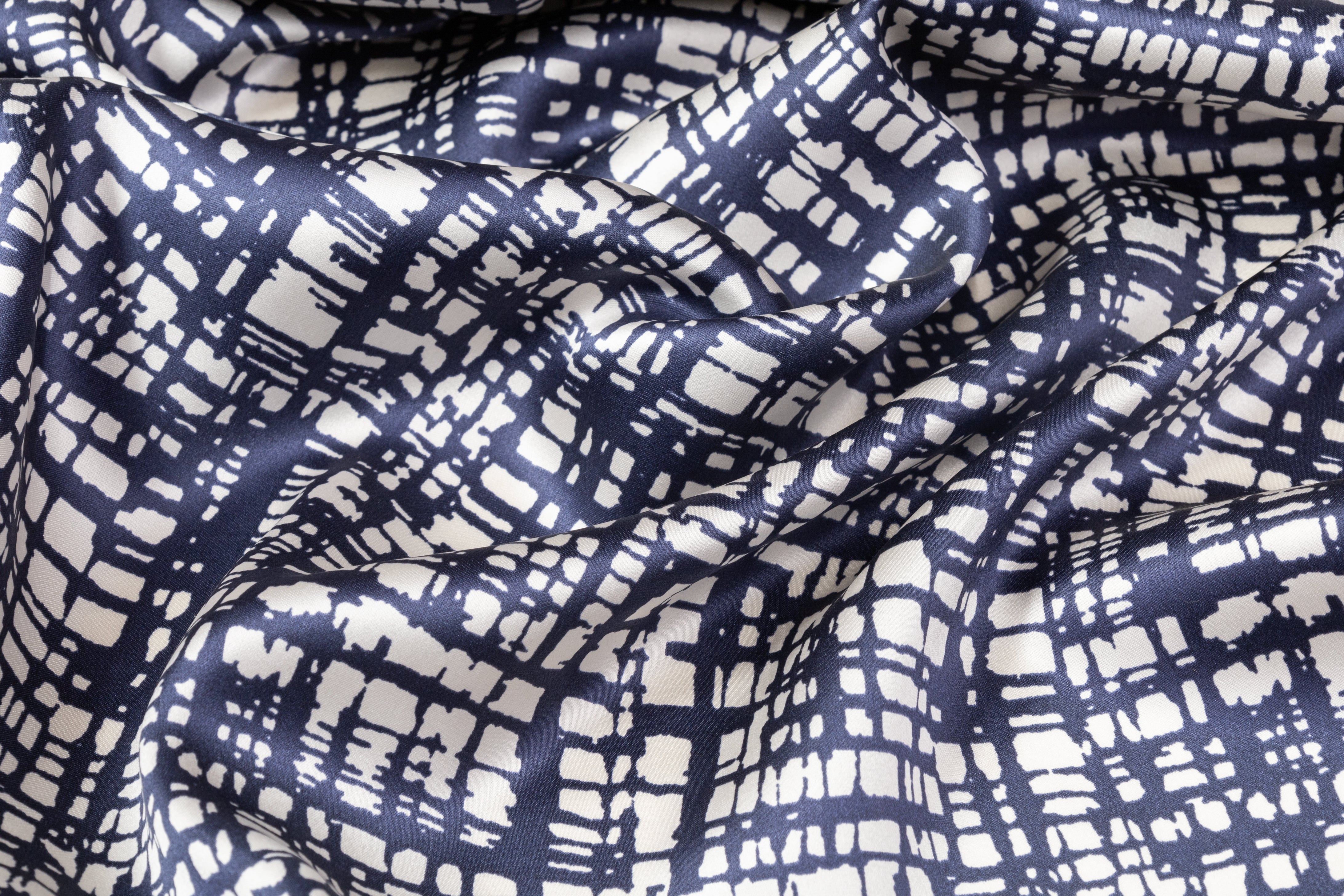 Printed Silk Charmeuse - Blue / Off White
