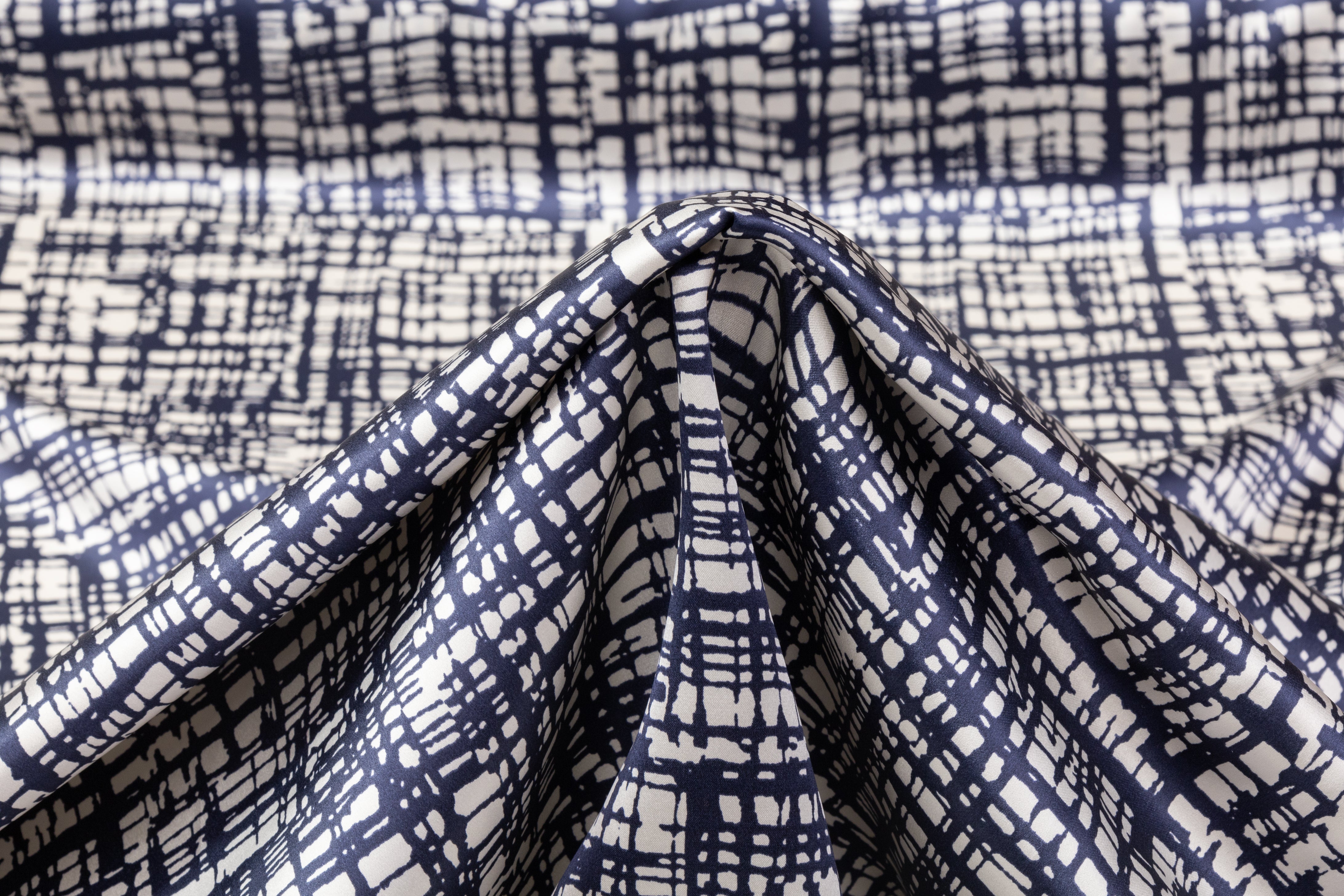 Printed Silk Charmeuse - Blue / Off White