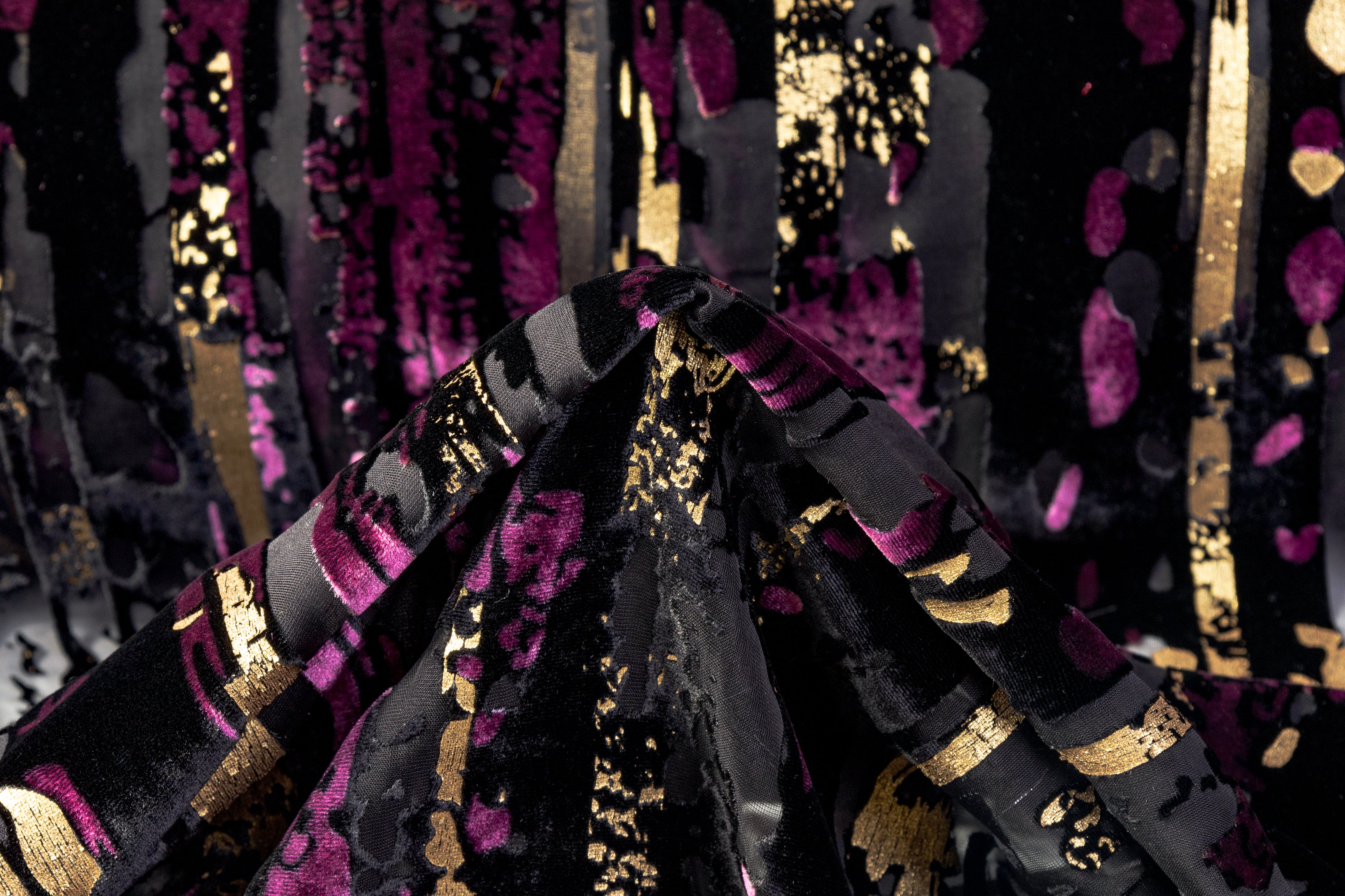 Streak Laminated Italian Silk Viscose Velvet Devoré - Black / Purple / Gold