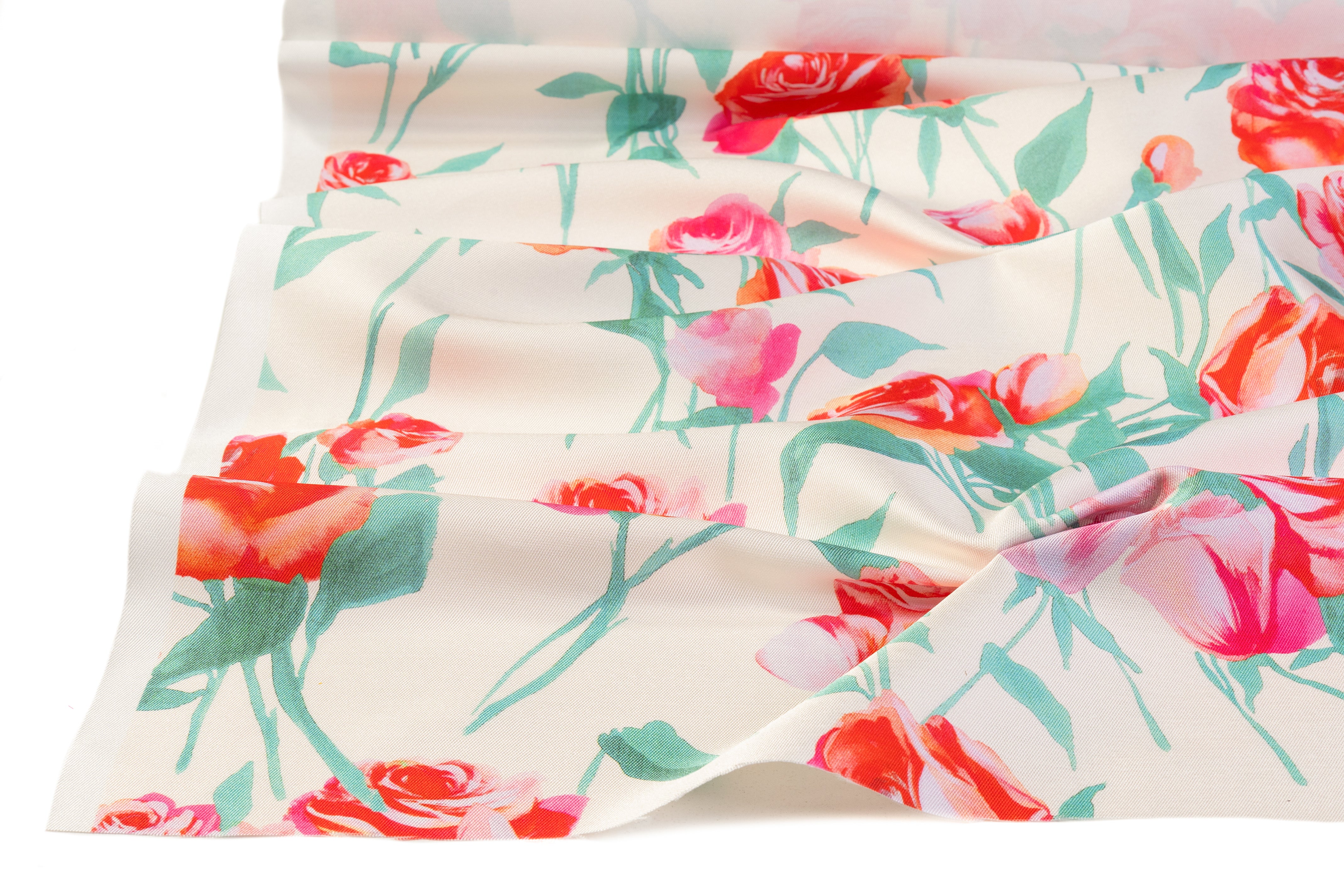 Floral Italian Mikado - Ivory / Green / Pink