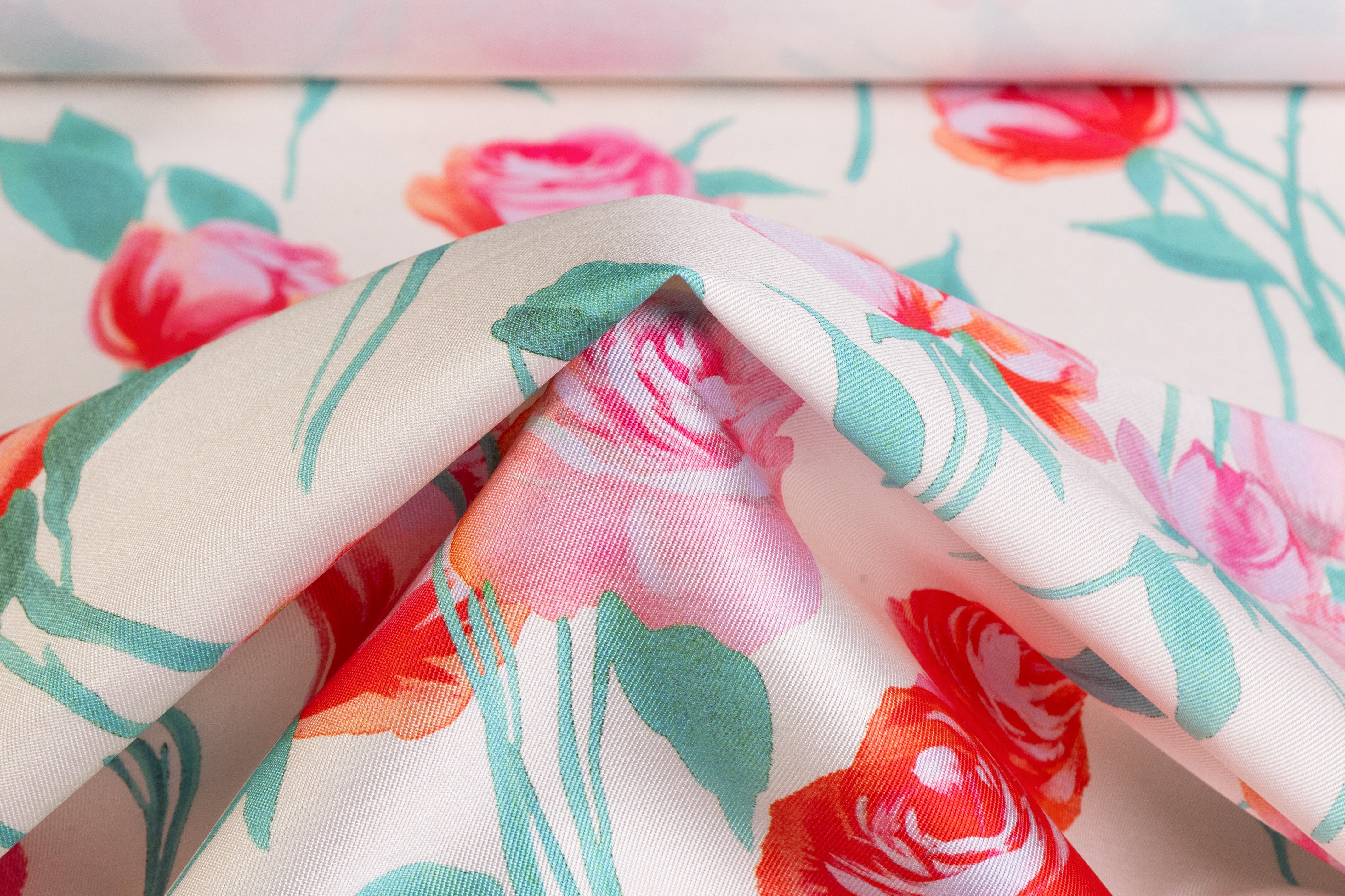 Floral Italian Mikado - Ivory / Green / Pink