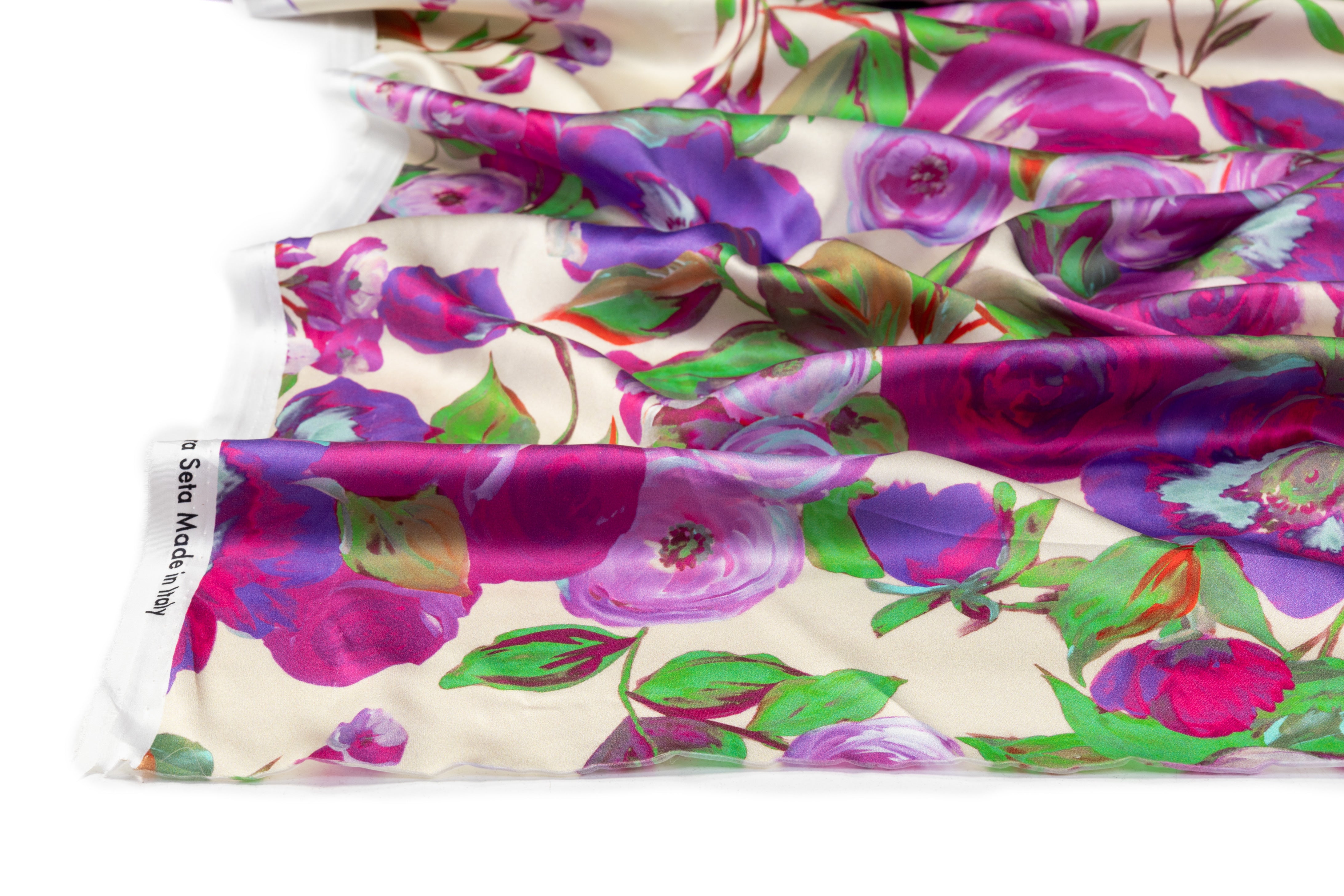 Rose Floral Italian Silk Charmeuse - Violet / Green / Fuchsia