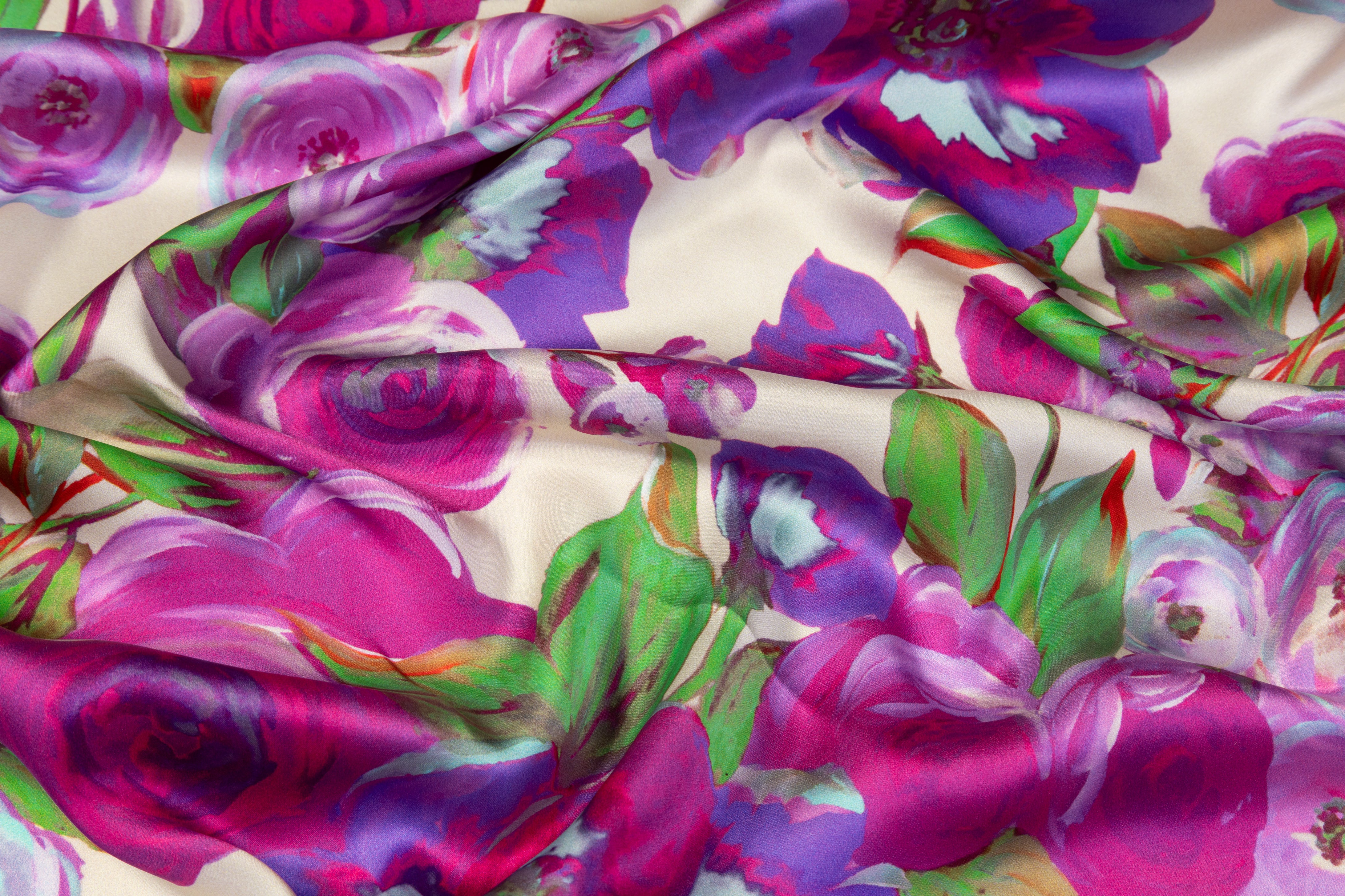 Rose Floral Italian Silk Charmeuse - Violet / Green / Fuchsia
