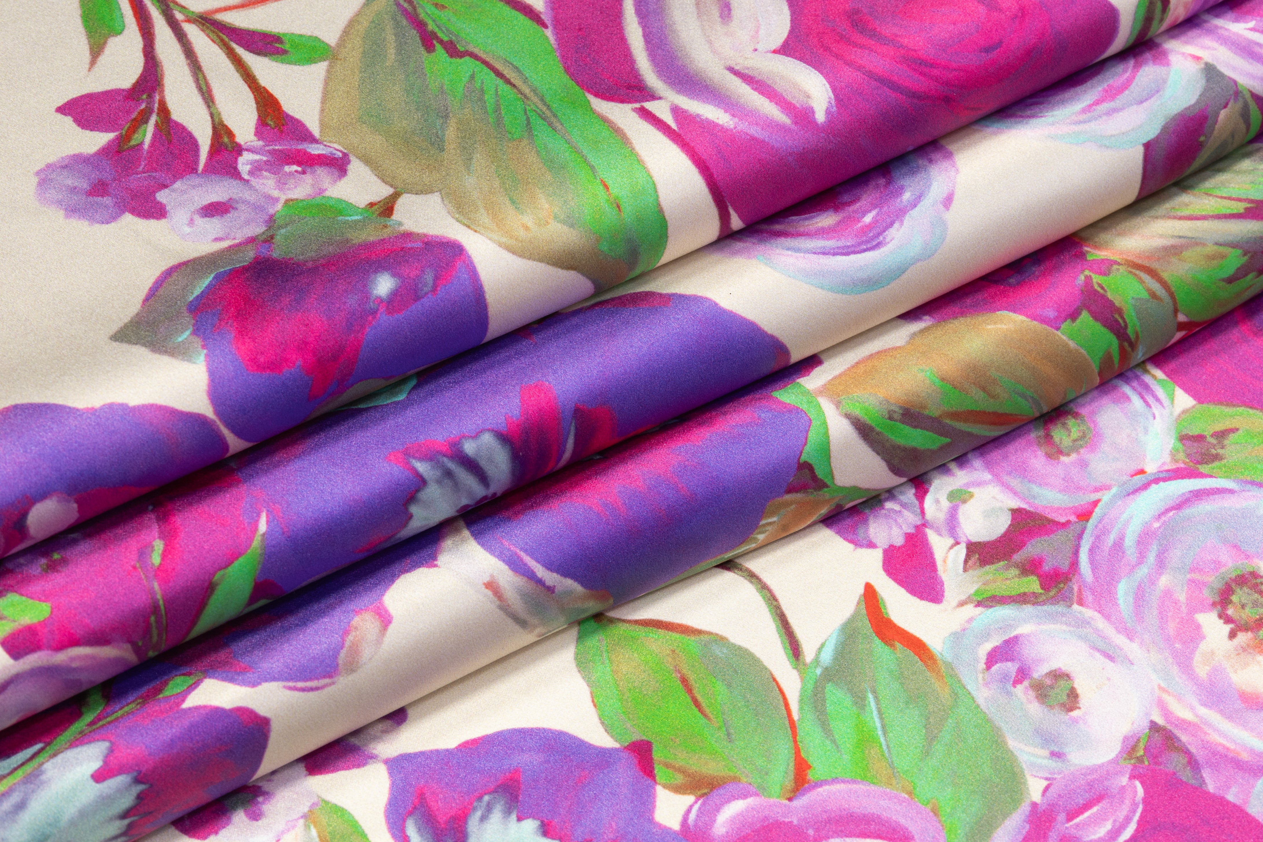 Rose Floral Italian Silk Charmeuse - Violet / Green / Fuchsia