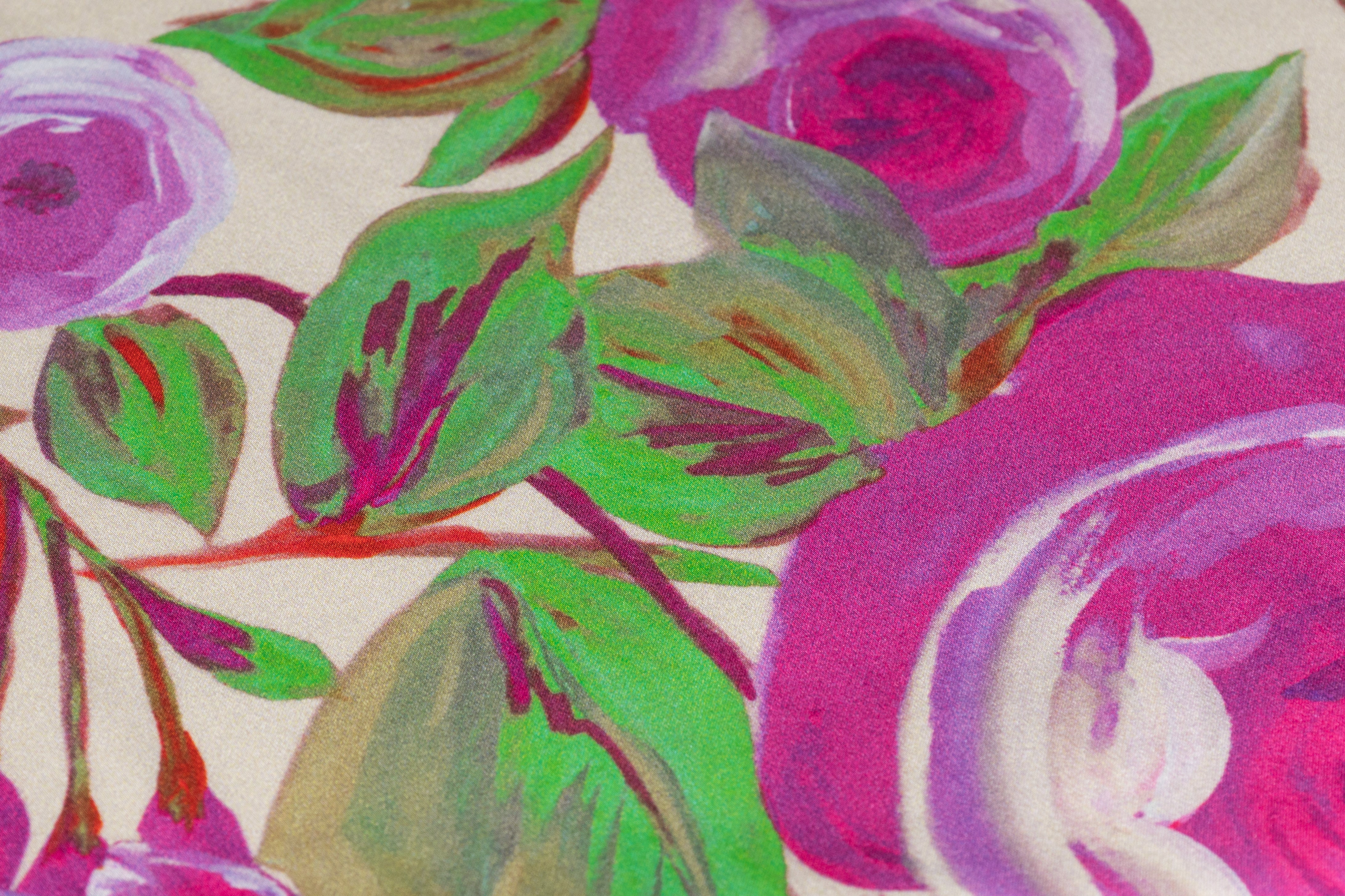 Rose Floral Italian Silk Charmeuse - Violet / Green / Fuchsia