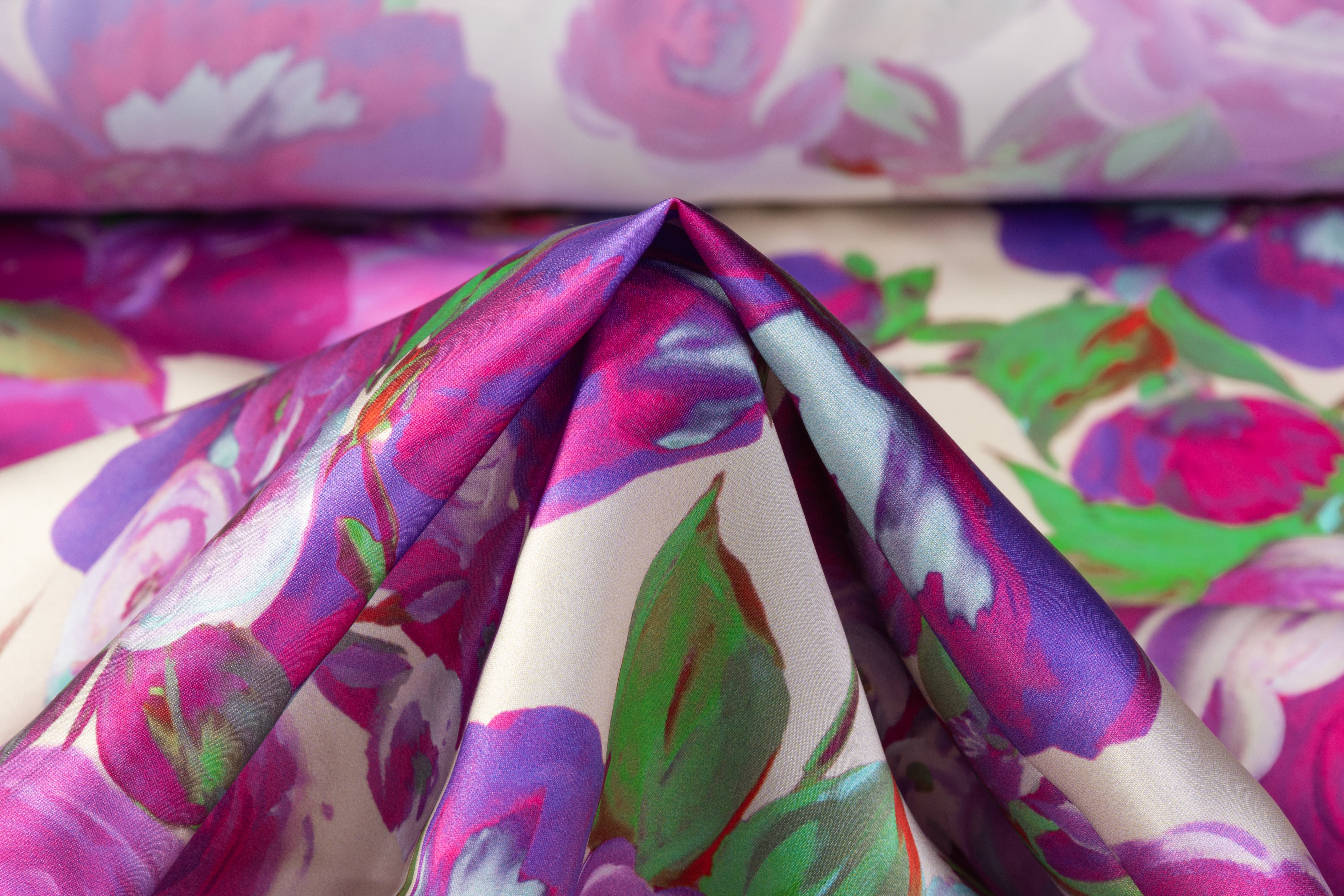 Rose Floral Italian Silk Charmeuse - Violet / Green / Fuchsia