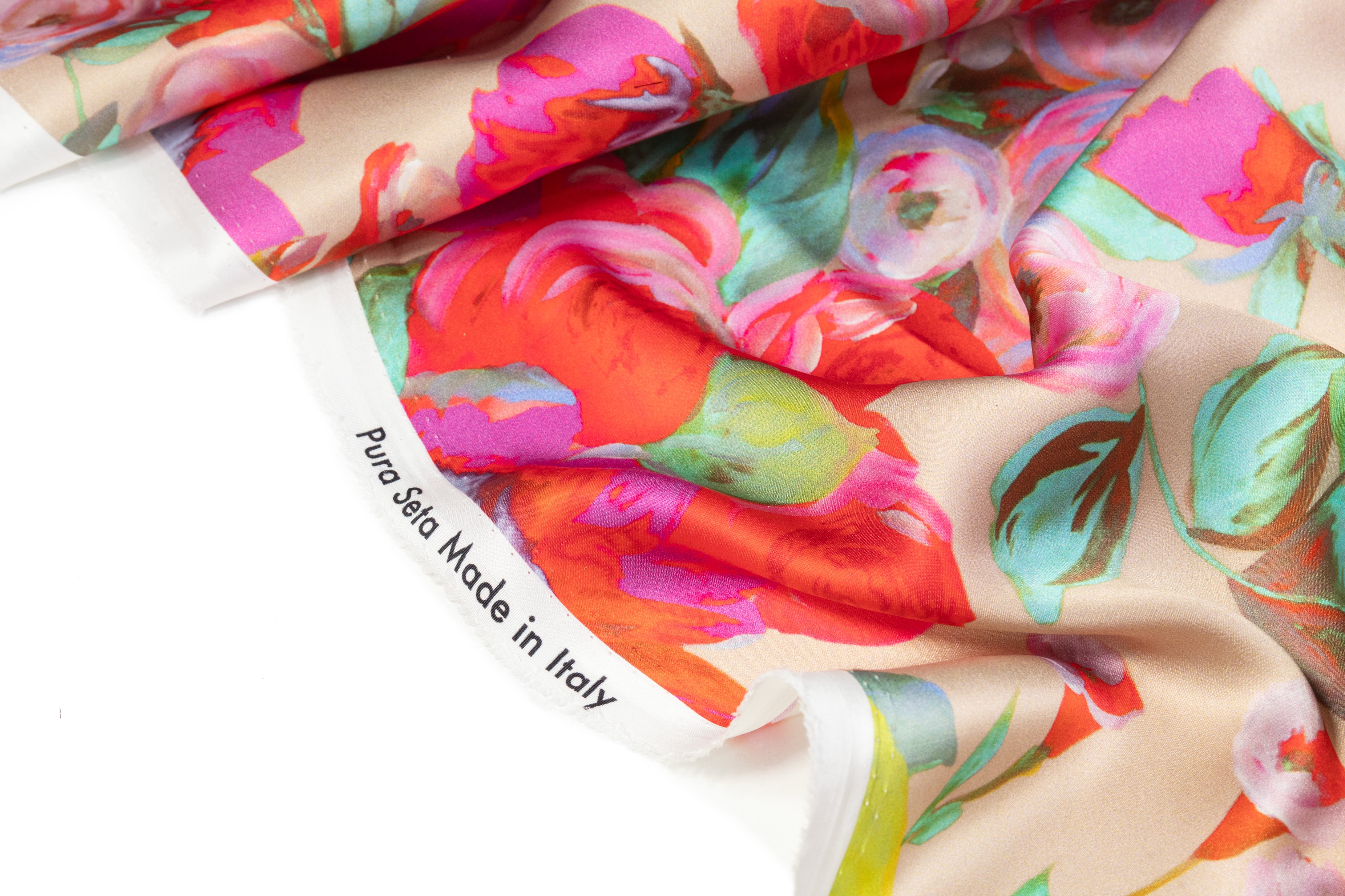 Rose Floral Italian Silk Charmeuse - Beige / Red / Fuchsia