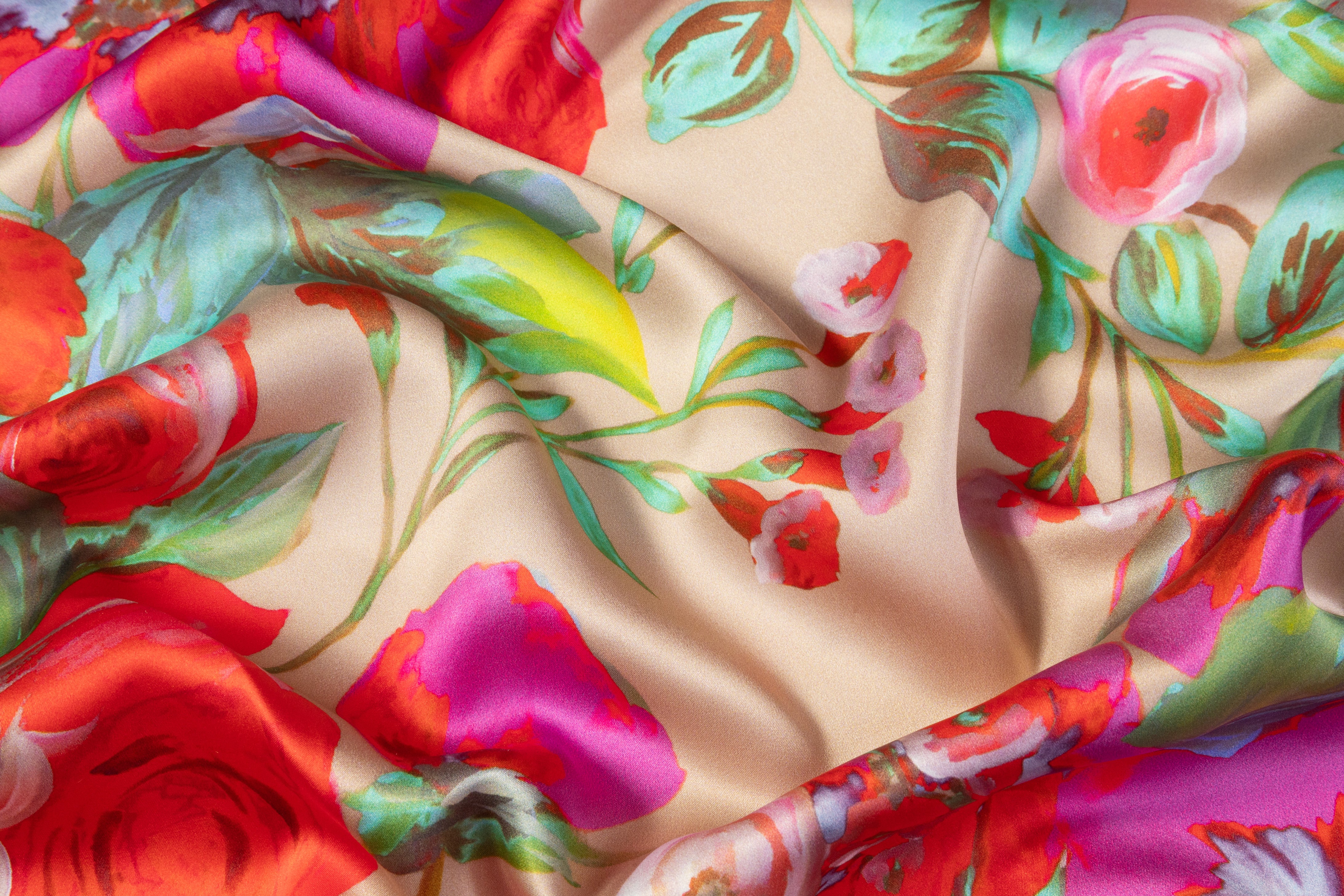 Rose Floral Italian Silk Charmeuse - Beige / Red / Fuchsia