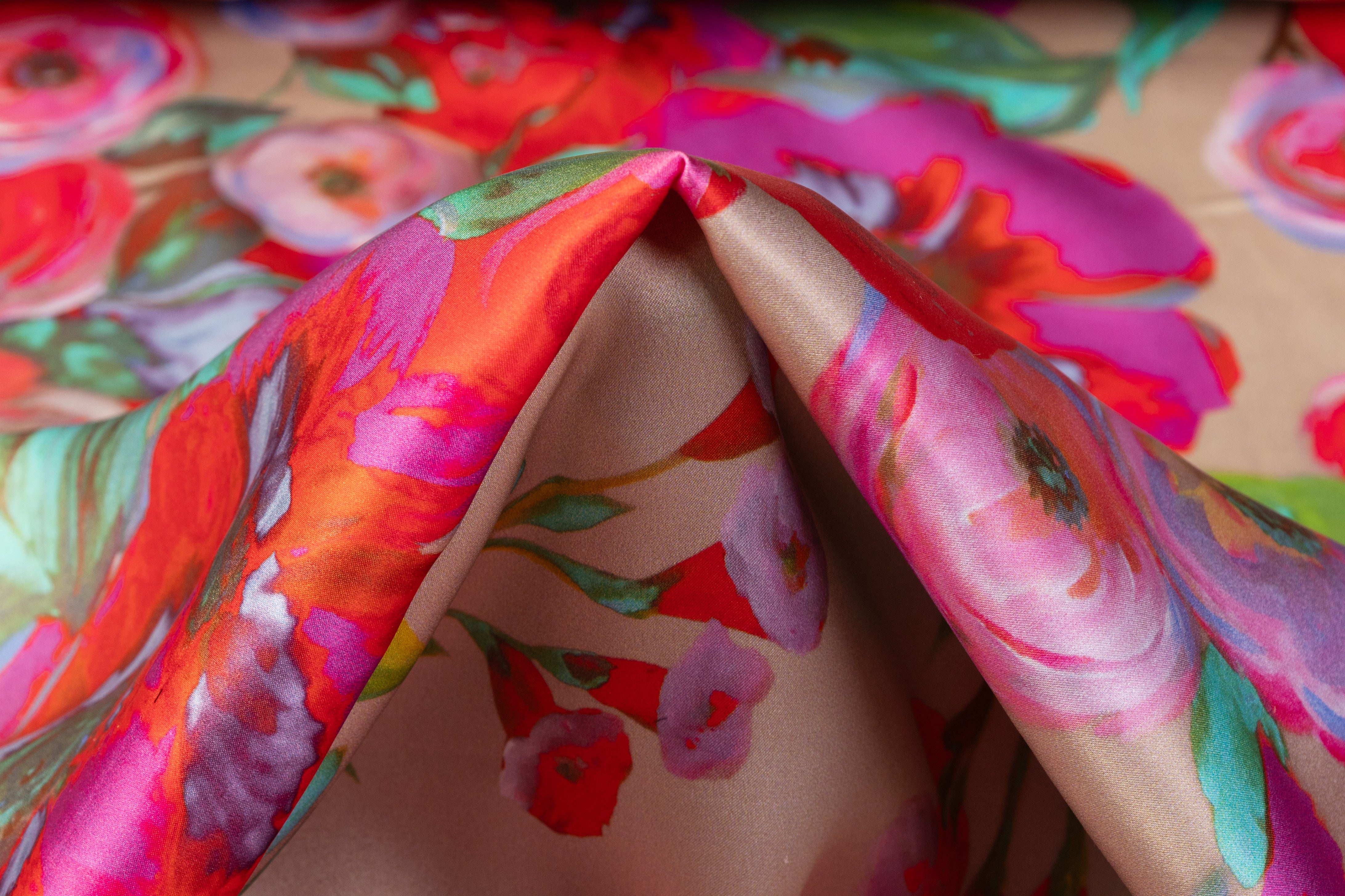 Rose Floral Italian Silk Charmeuse - Beige / Red / Fuchsia