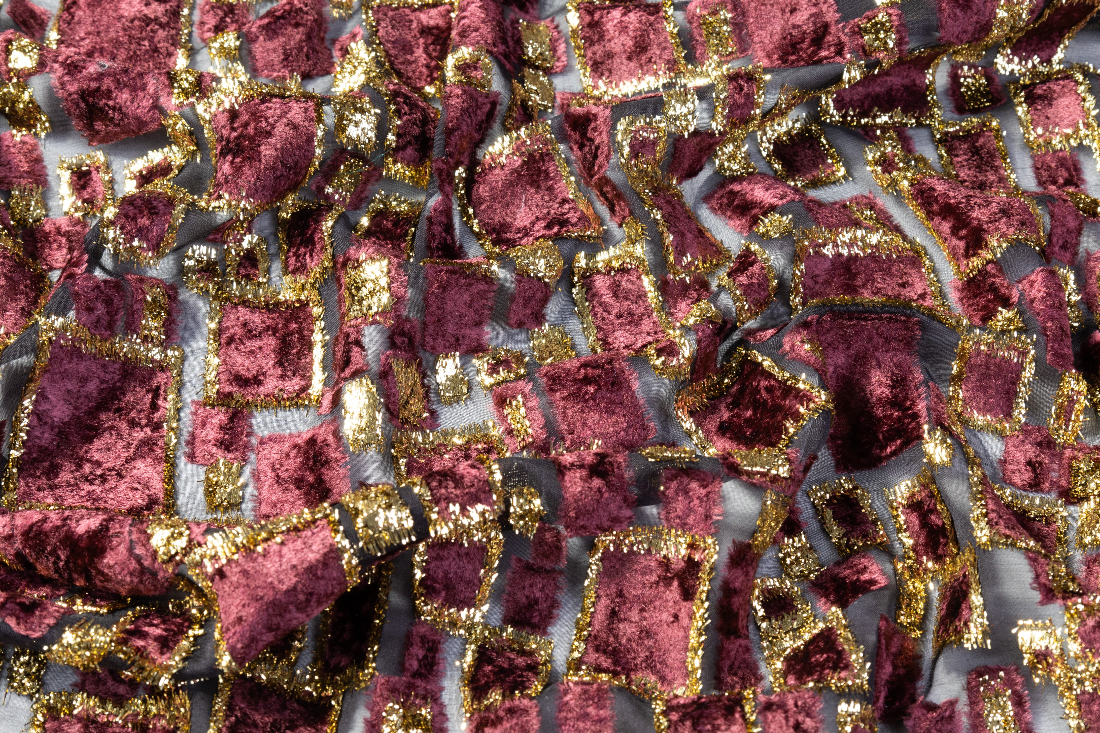 Metallic Italian Silk Viscose Fil Coupé - Black / Burgundy / Gold