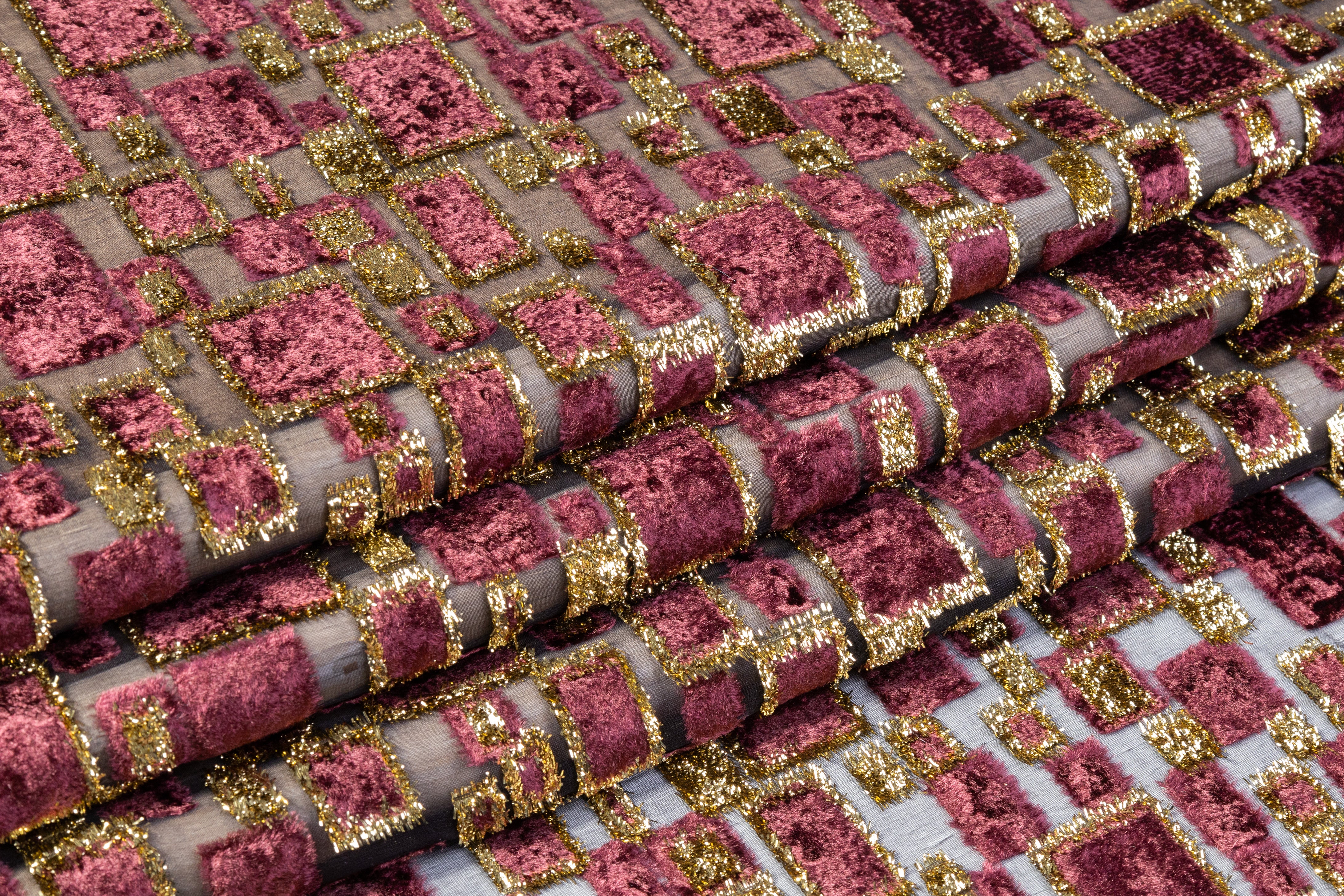 Metallic Italian Silk Viscose Fil Coupé - Black / Burgundy / Gold