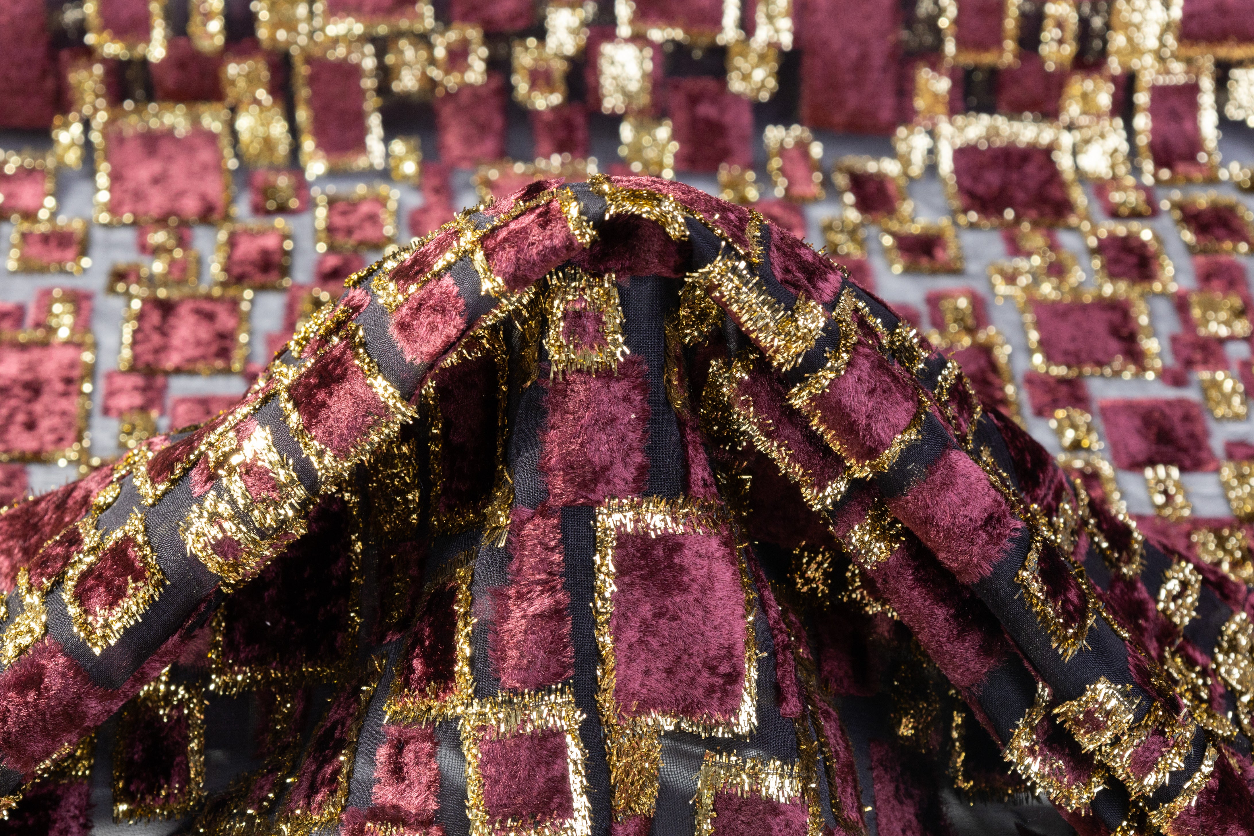 Metallic Italian Silk Viscose Fil Coupé - Black / Burgundy / Gold