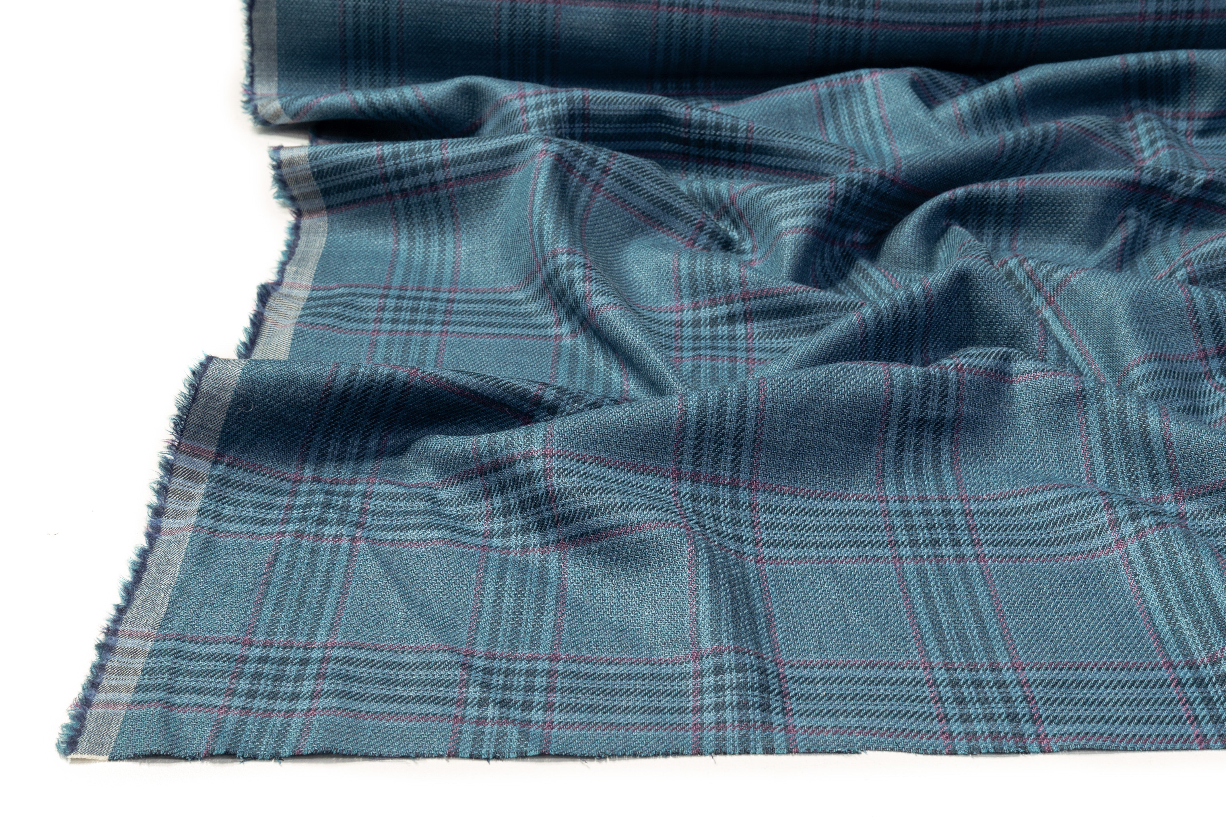 Plaid Italian Silk Linen and Wool Suiting - Blue / Plum