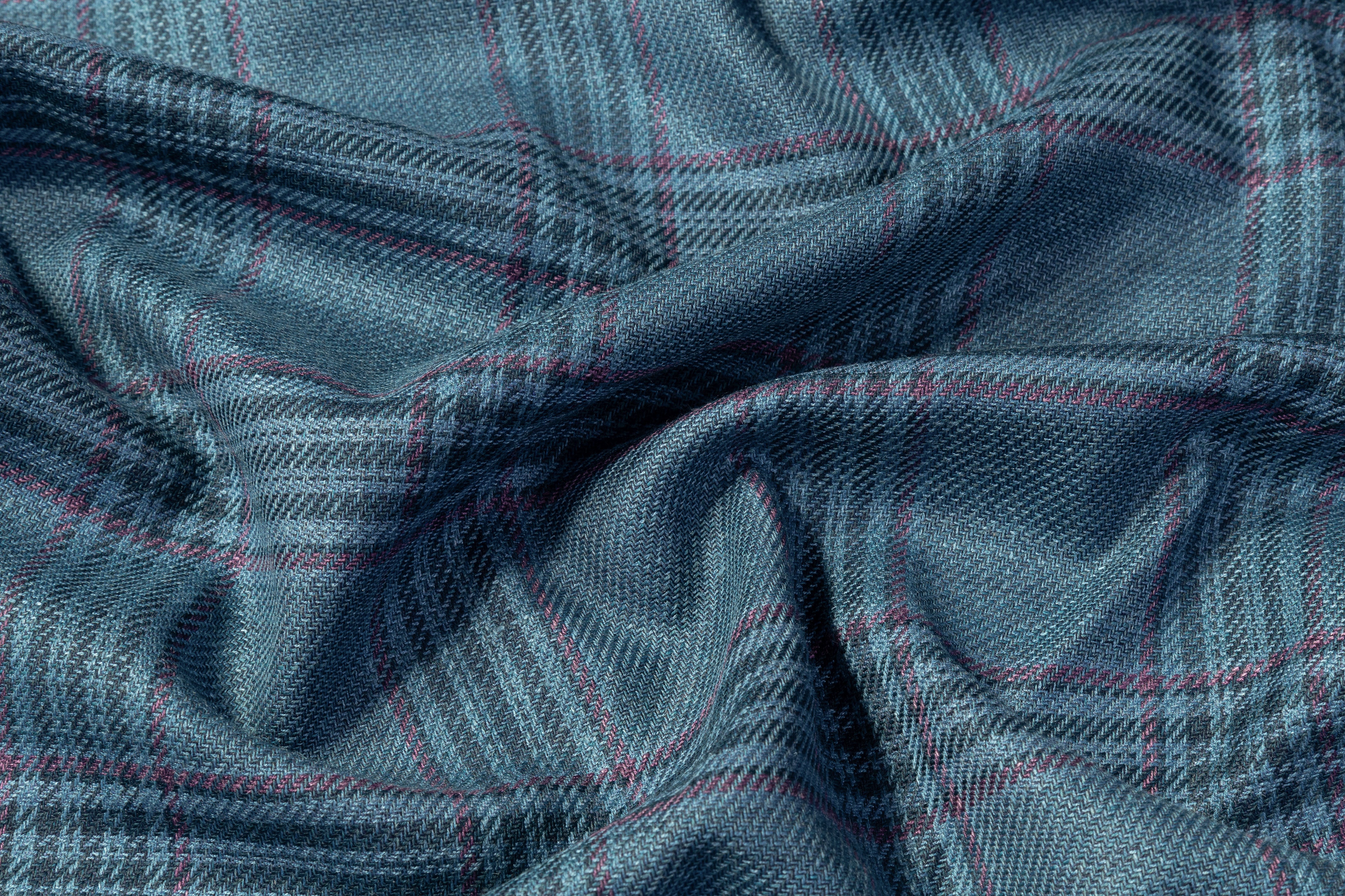 Plaid Italian Silk Linen and Wool Suiting - Blue / Plum