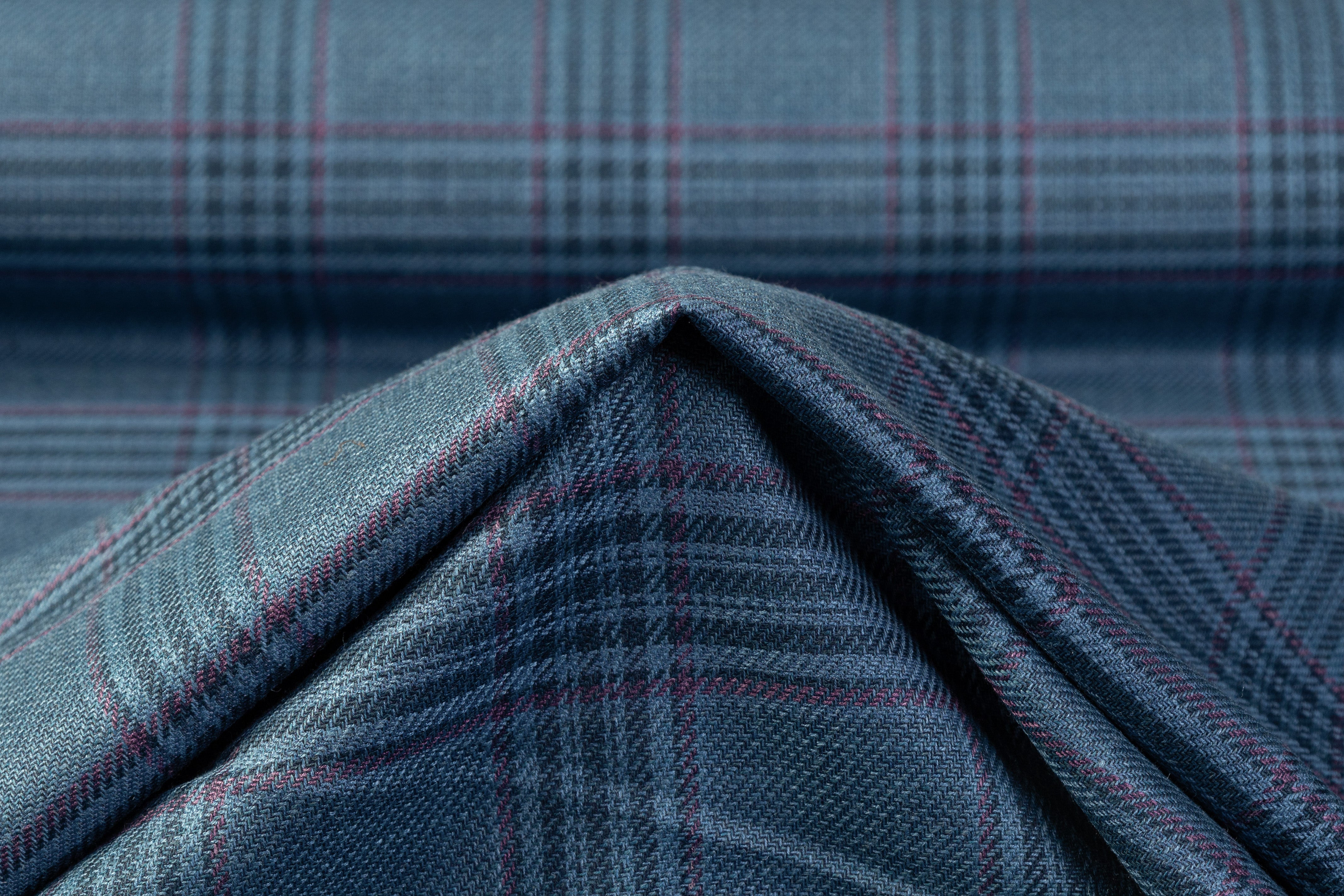Plaid Italian Silk Linen and Wool Suiting - Blue / Plum