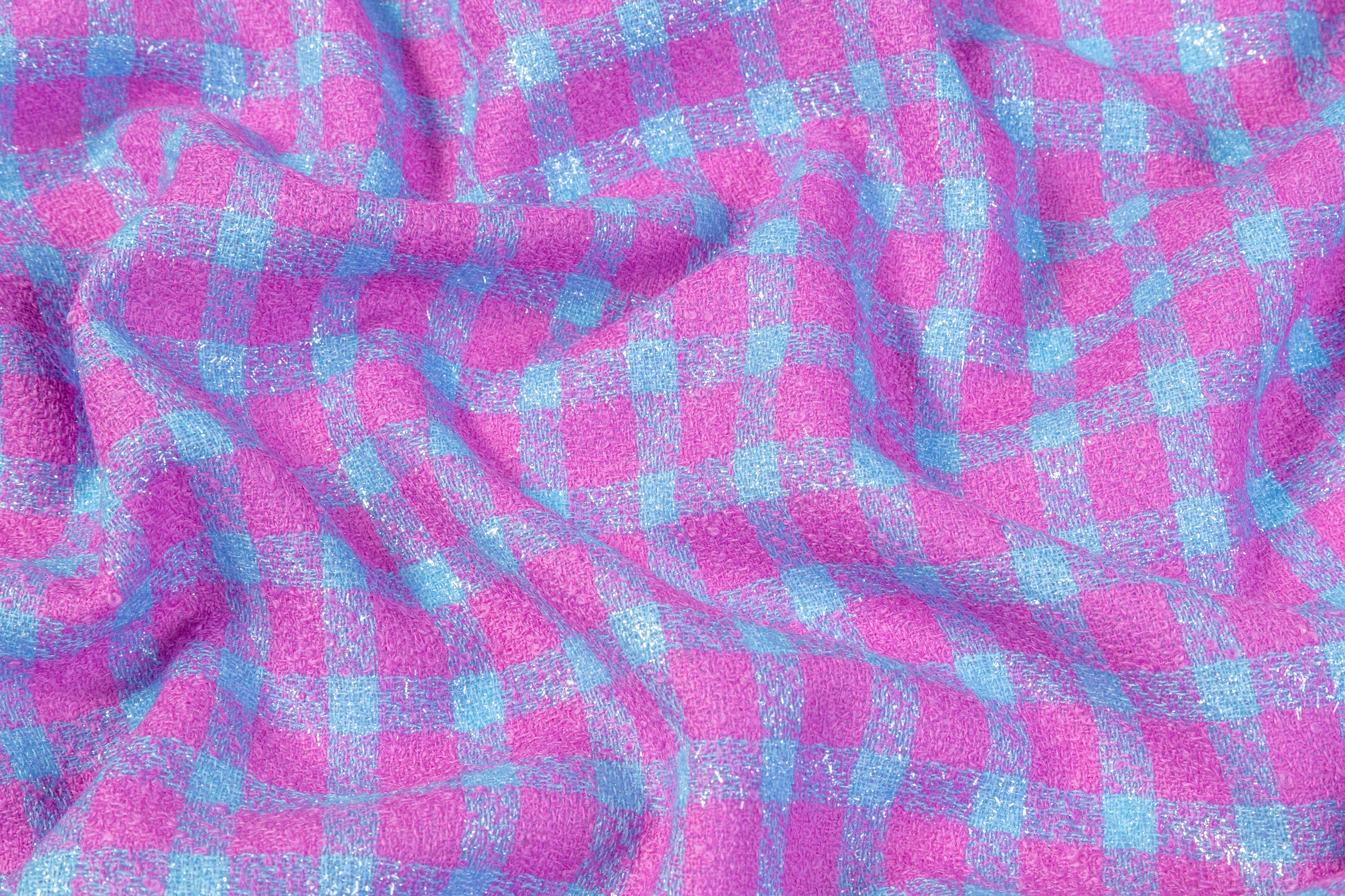 Checked Metallic Italian Wool Blend Tweed - Magenta / Blue