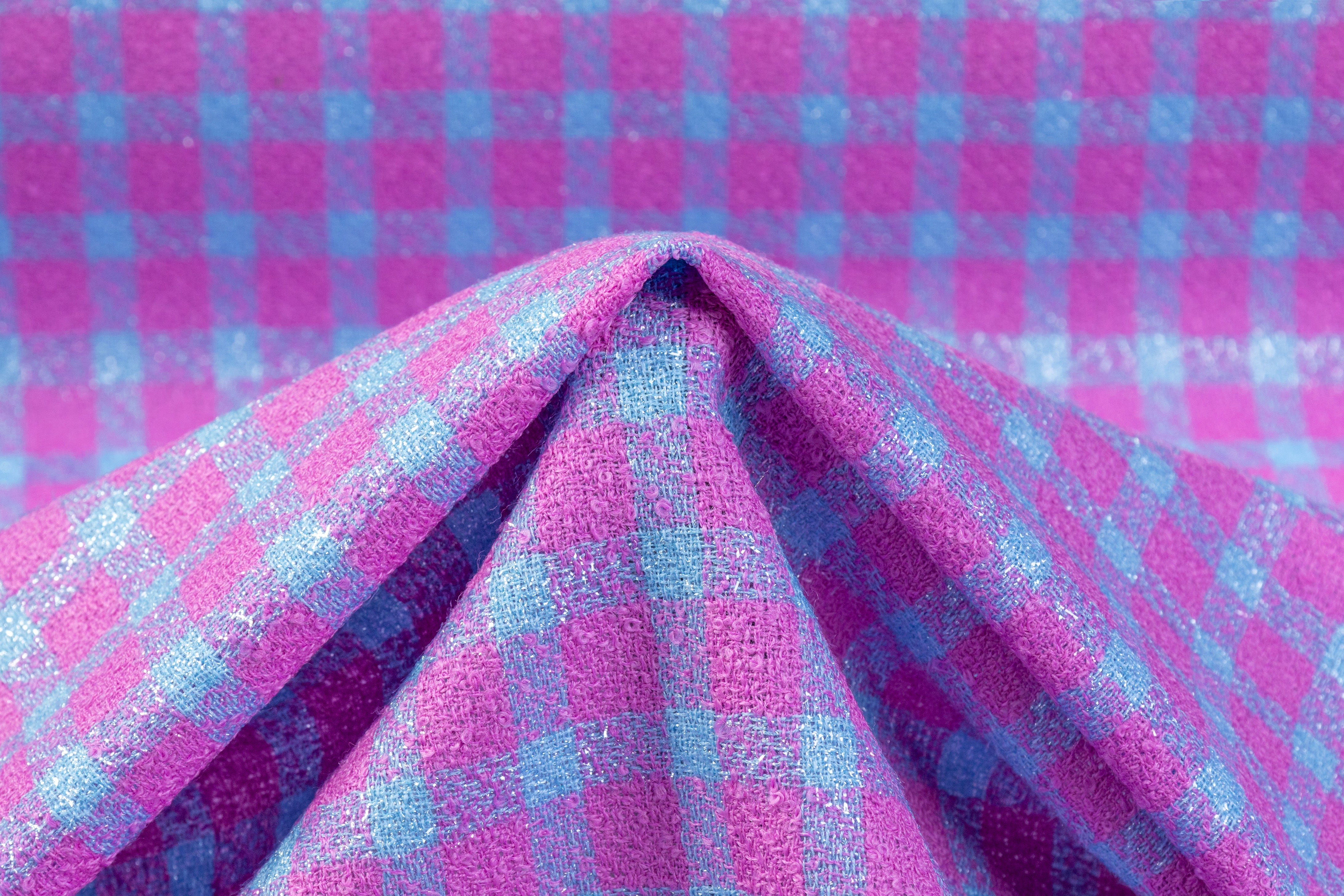 Checked Metallic Italian Wool Blend Tweed - Magenta / Blue