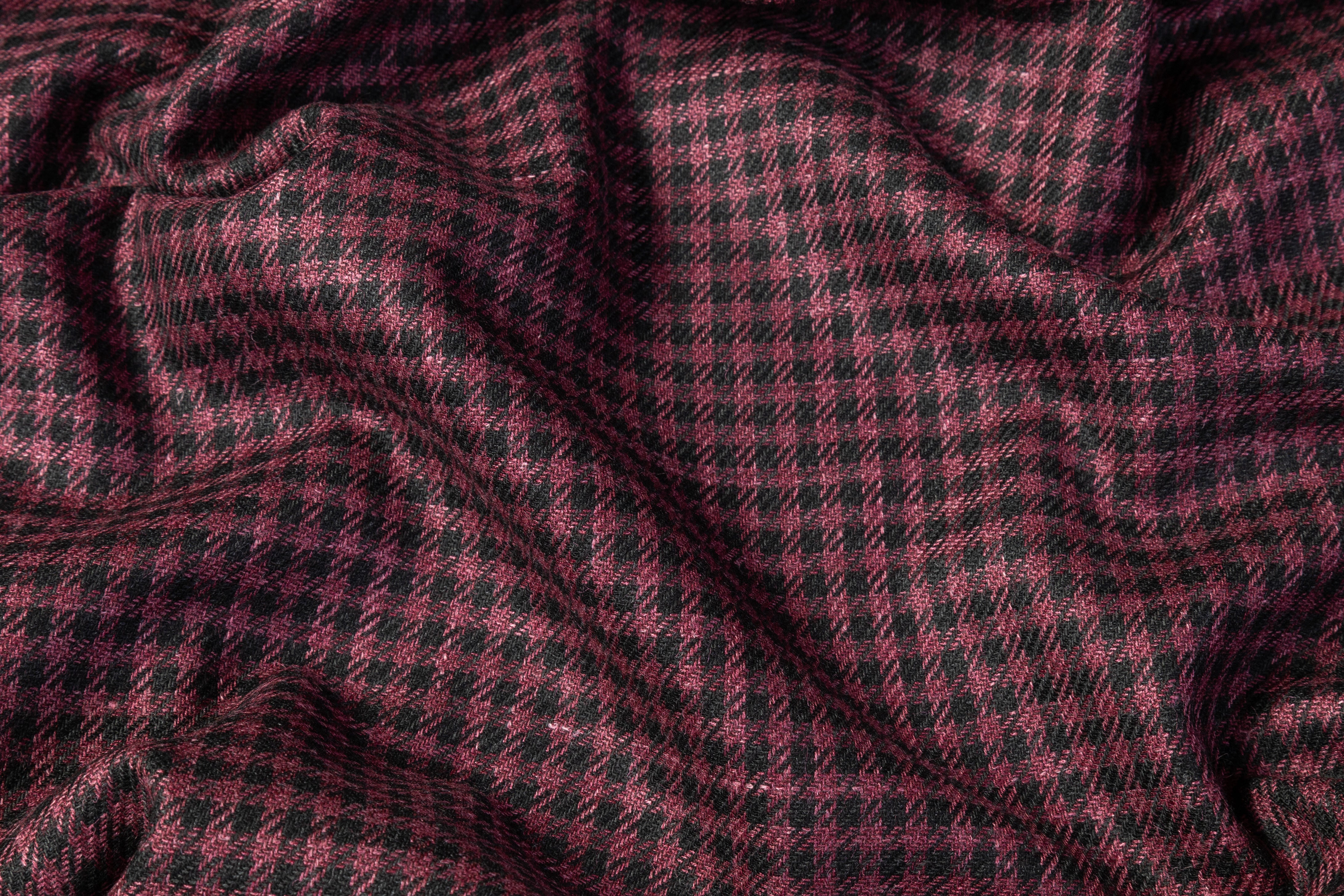 Checked Italian Silk Wool Cashmere Linen Suiting - Burgundy / Black