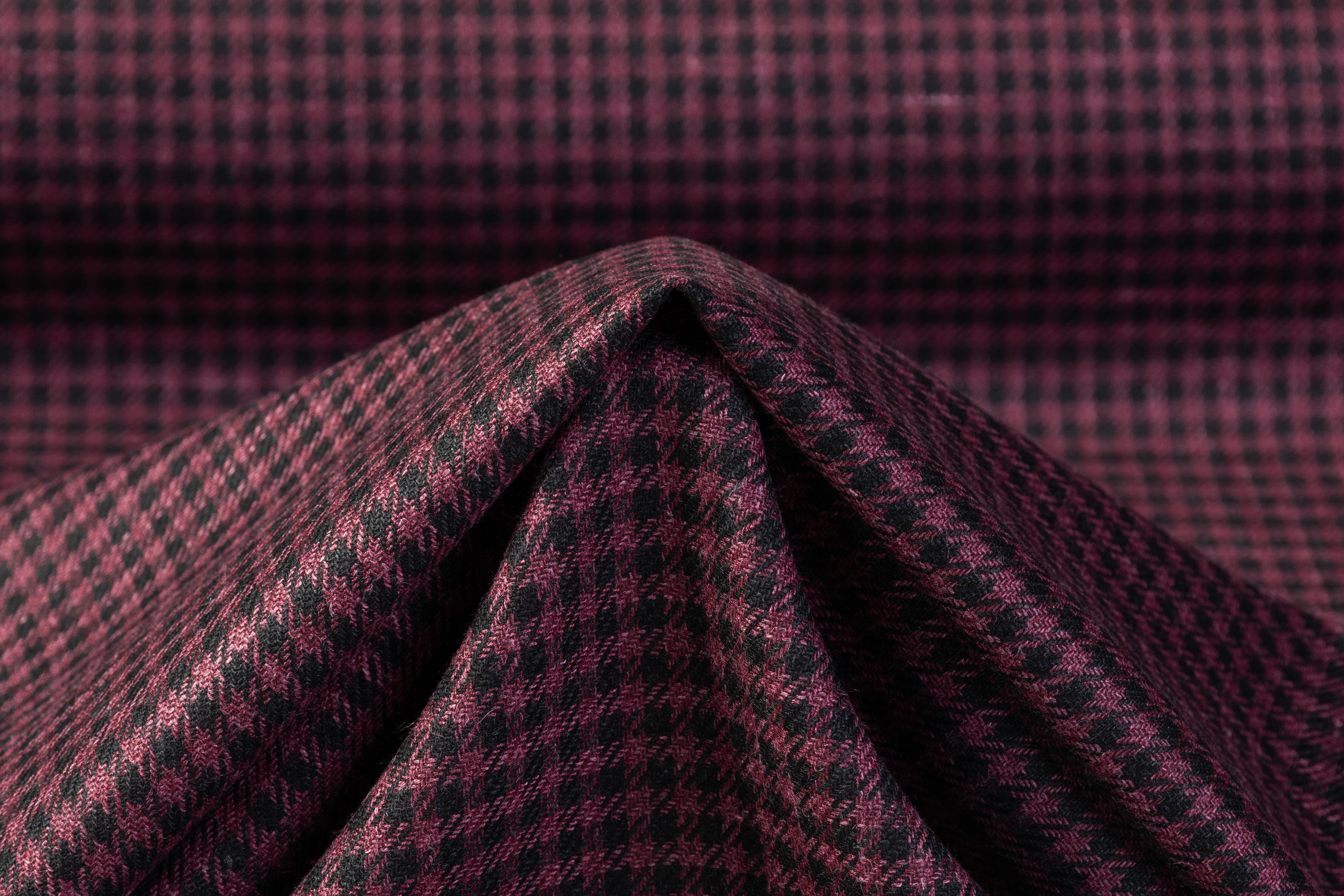 Checked Italian Silk Wool Cashmere Linen Suiting - Burgundy / Black