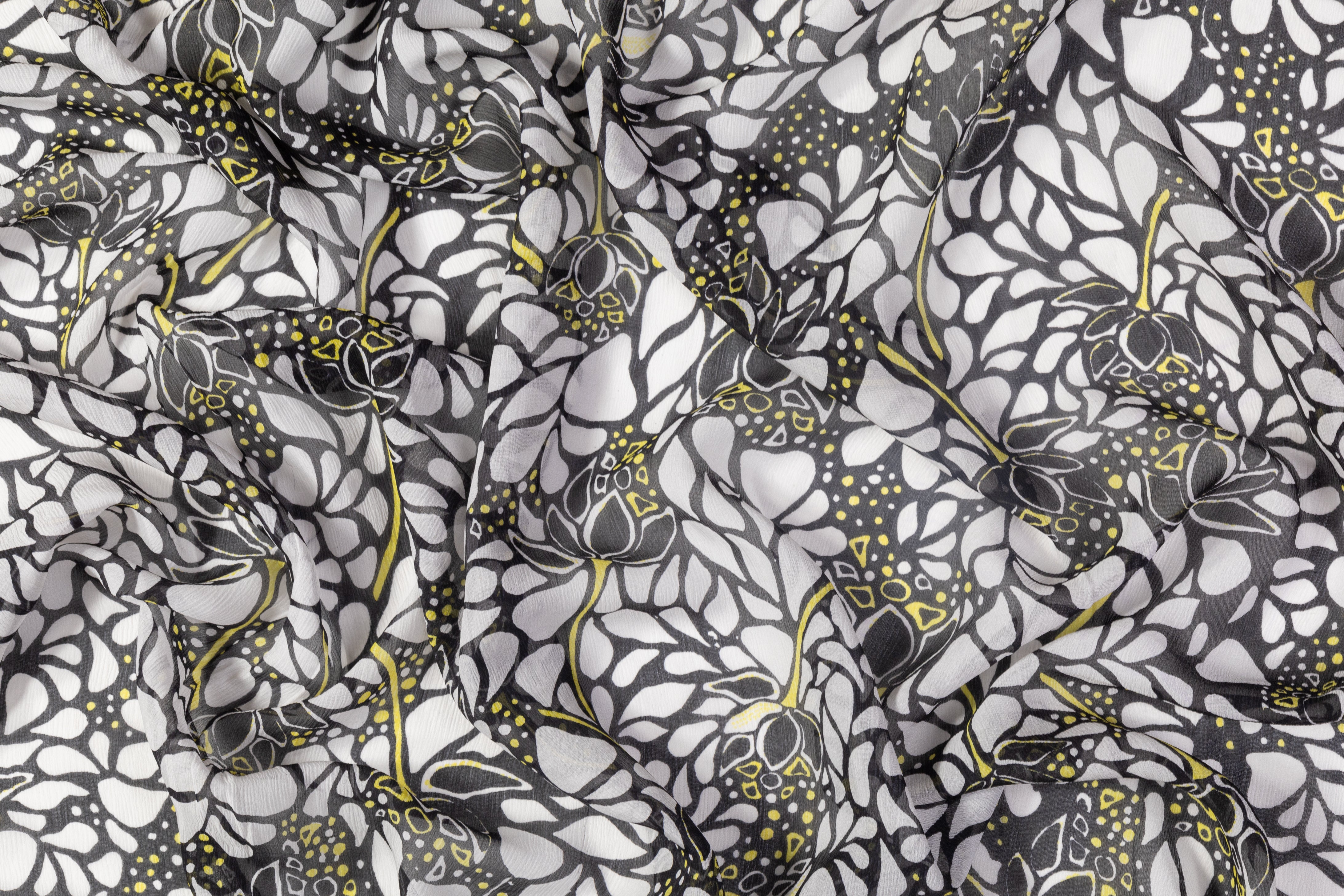 Crinkled Silk Chiffon - Black / White / Yellow