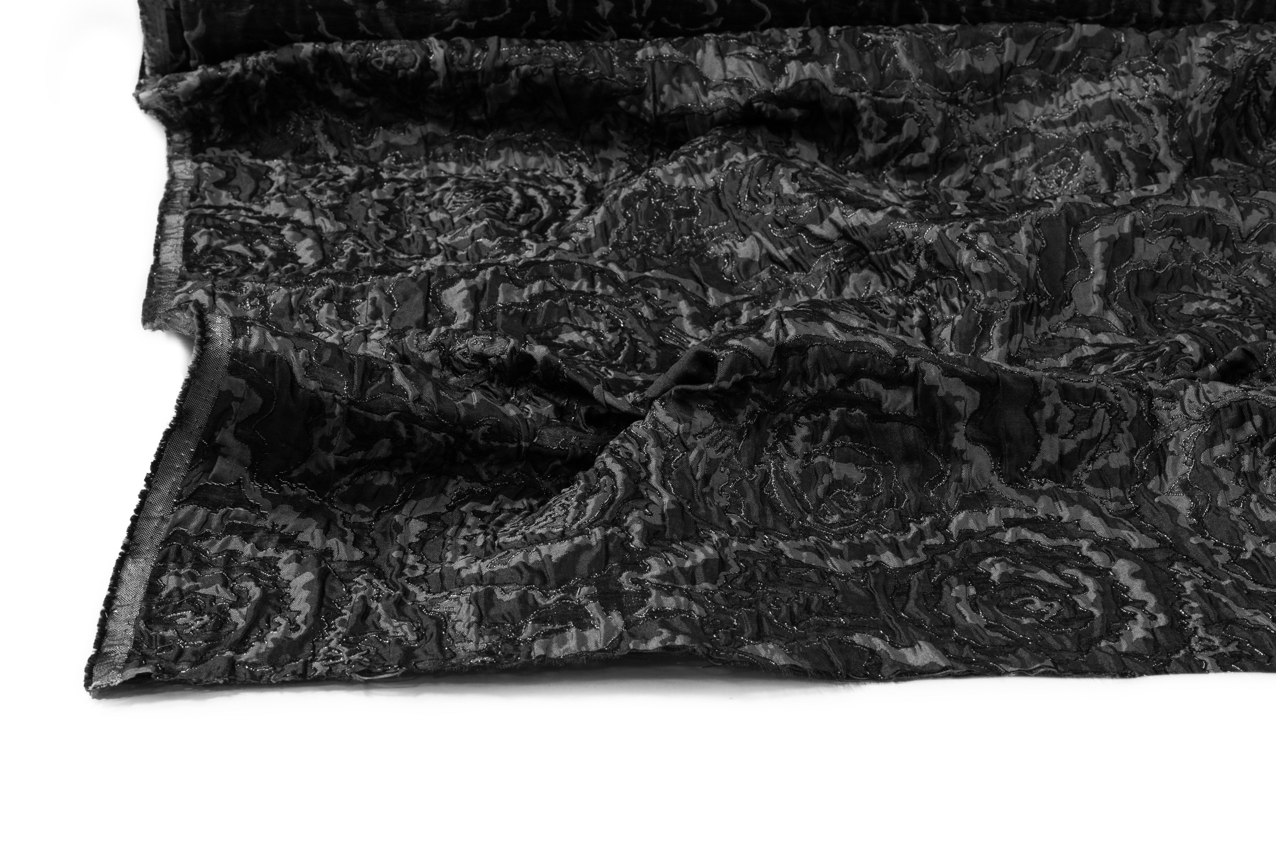 Floral Metallic Crinkled Italian Brocade - Black / Gray